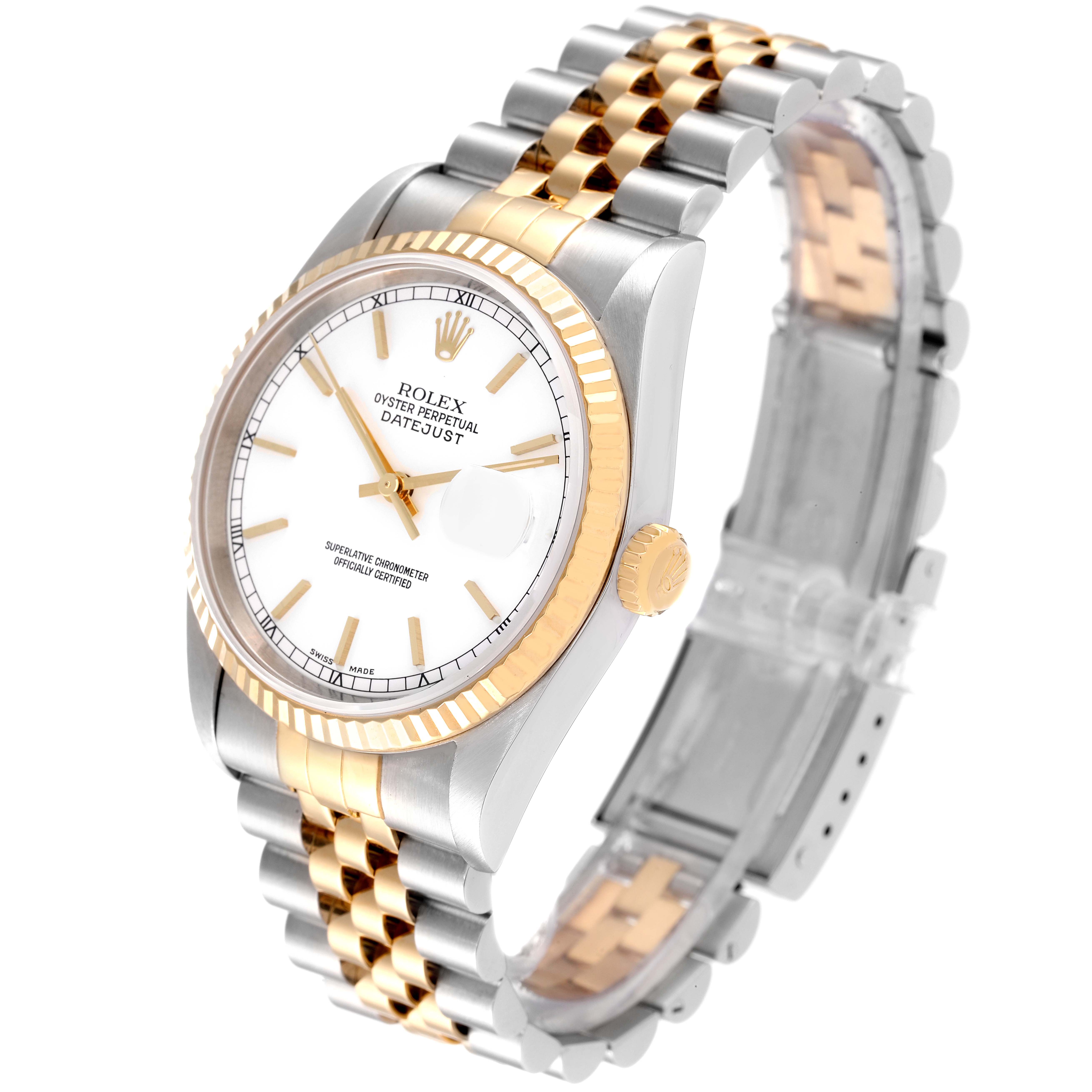 This image shows a Rolex Datejust 16233 Men's Steel and Gold (two tone) White Dial 16233 Men's Steel and Gold (two tone) White Dial watch at a three-quarter angle, highlighting the face, bezel, and bracelet.