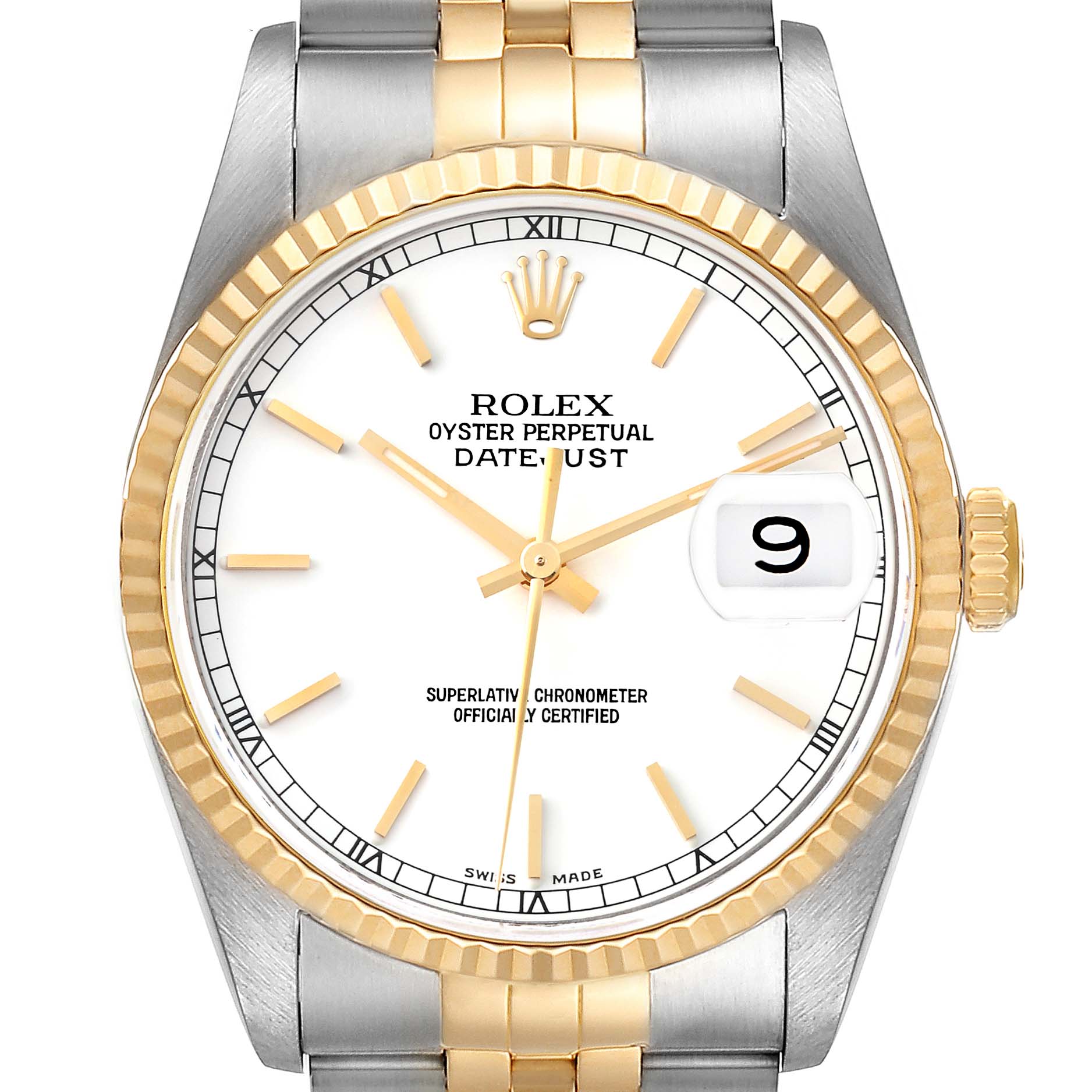 The image shows a front view of the Rolex Datejust 16233 Men's Steel and Gold (two tone) White Dial 16233 Men's Steel and Gold (two tone) White Dial watch, displaying its dial, bezel, and part of the bracelet.