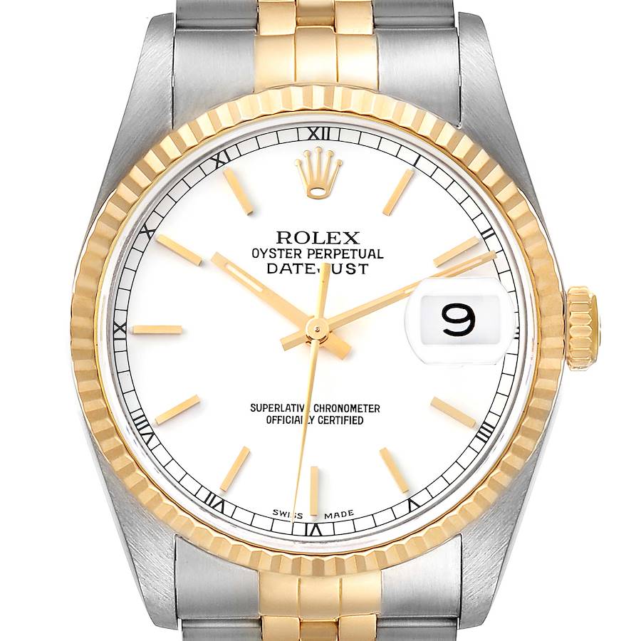 The image shows a front view of the Rolex Datejust watch, displaying its dial, bezel, and part of the bracelet.