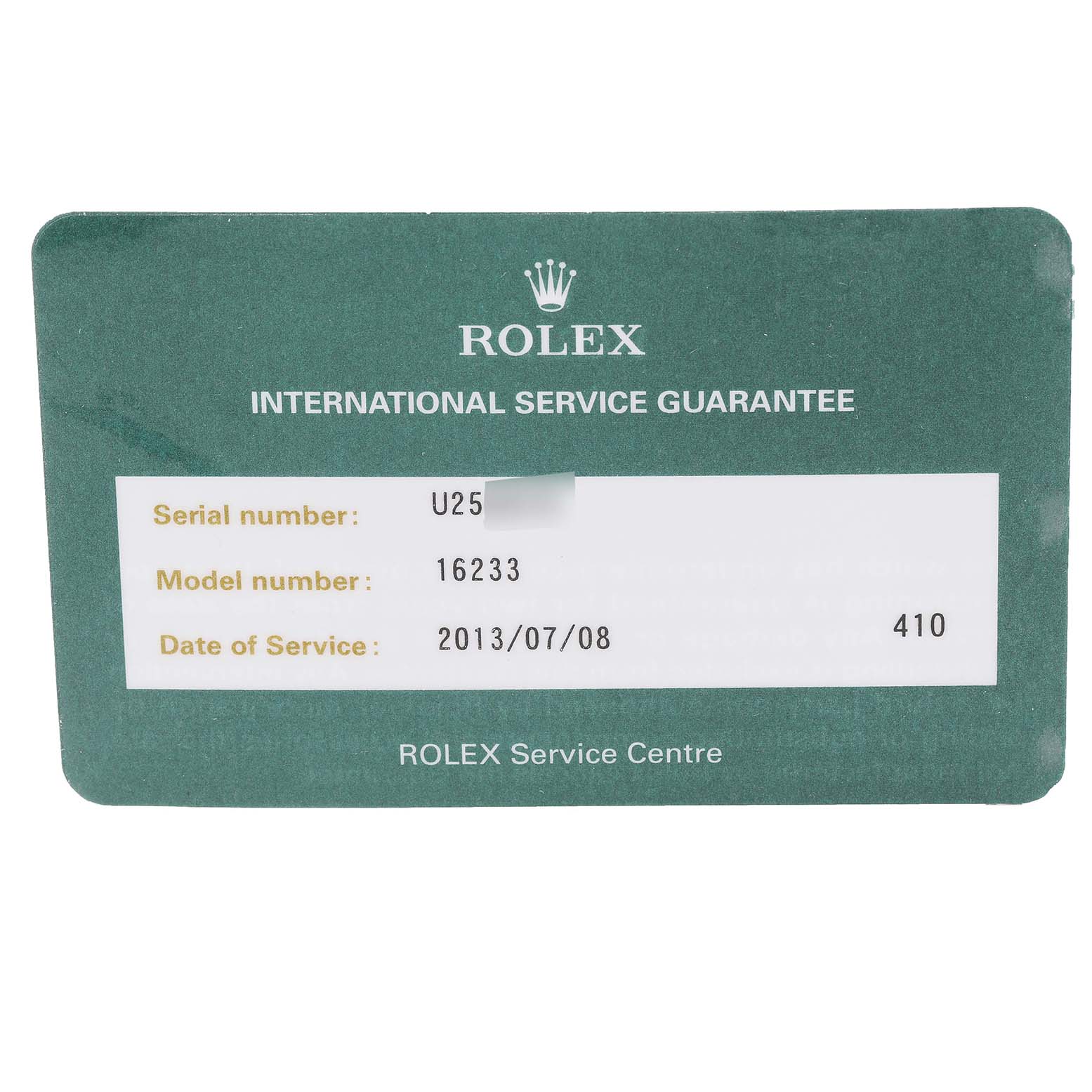 The image shows the front of a Rolex Datejust 16233 Men's Steel and Gold (two tone) Blue Dial 16233 Men's Steel and Gold (two tone) Blue Dial model international service guarantee card.