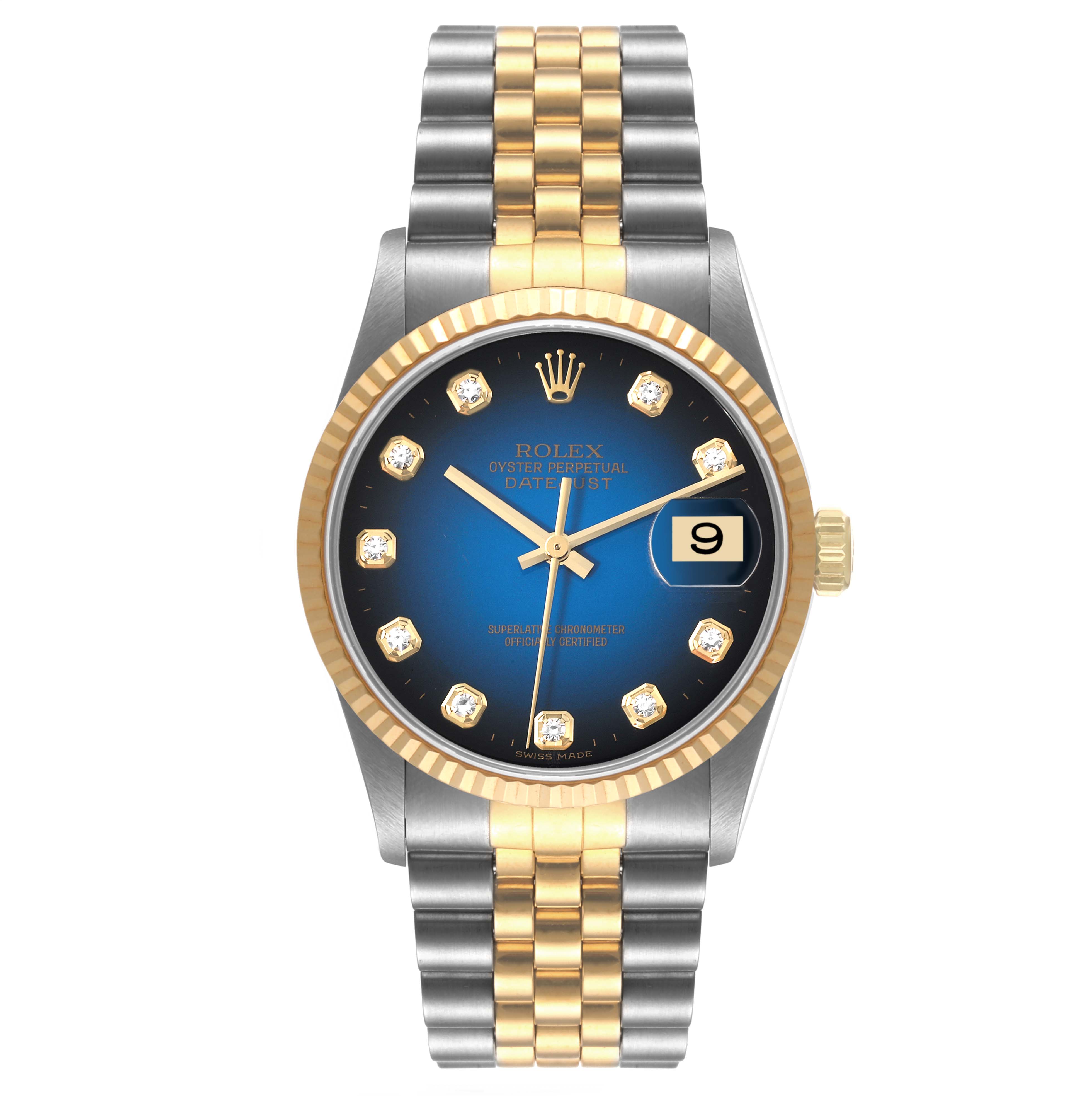 The image shows a front view of a Rolex Datejust 16233 Men's Steel and Gold (two tone) Blue Dial 16233 Men's Steel and Gold (two tone) Blue Dial watch with a blue dial, diamond hour markers, and a two-tone bracelet.