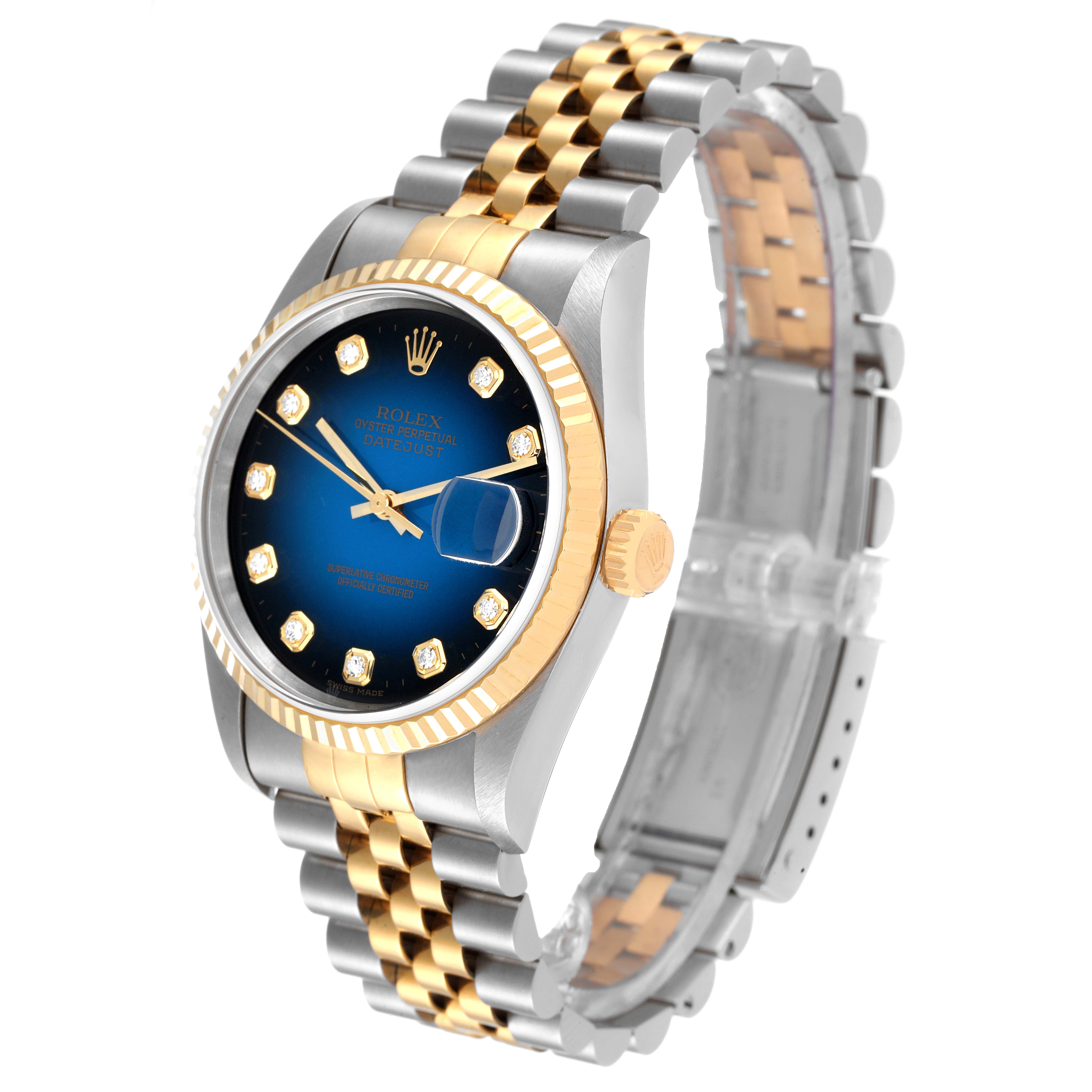 The Rolex Datejust 16233 Men's Steel and Gold (two tone) Blue Dial 16233 Men's Steel and Gold (two tone) Blue Dial watch is shown from a three-quarter angle, highlighting its blue dial, gold bezel, and two-tone bracelet.