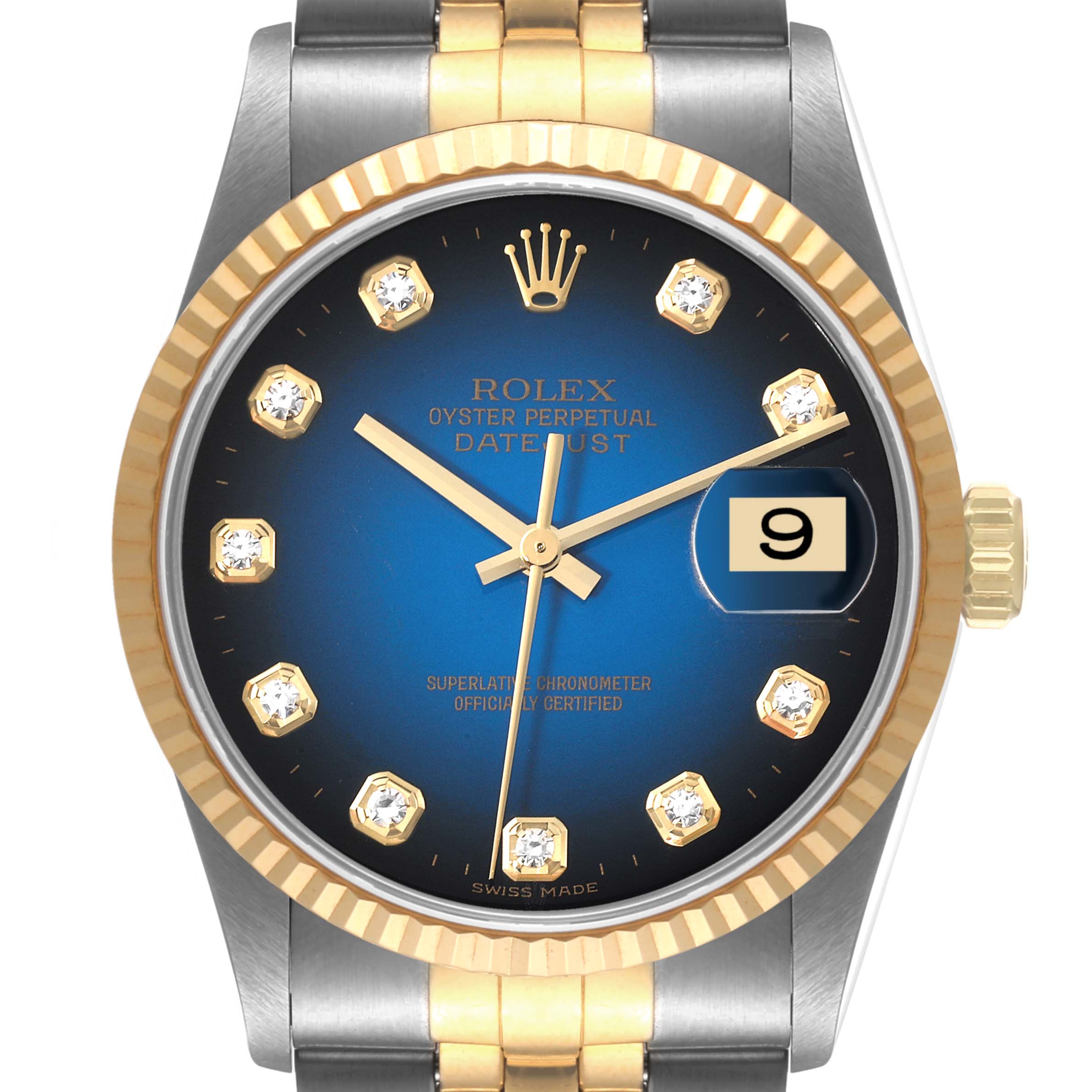 The image shows a front view of a Rolex Datejust 16233 Men's Steel and Gold (two tone) Blue Dial 16233 Men's Steel and Gold (two tone) Blue Dial watch, highlighting its blue dial, diamond hour markers, and date window.