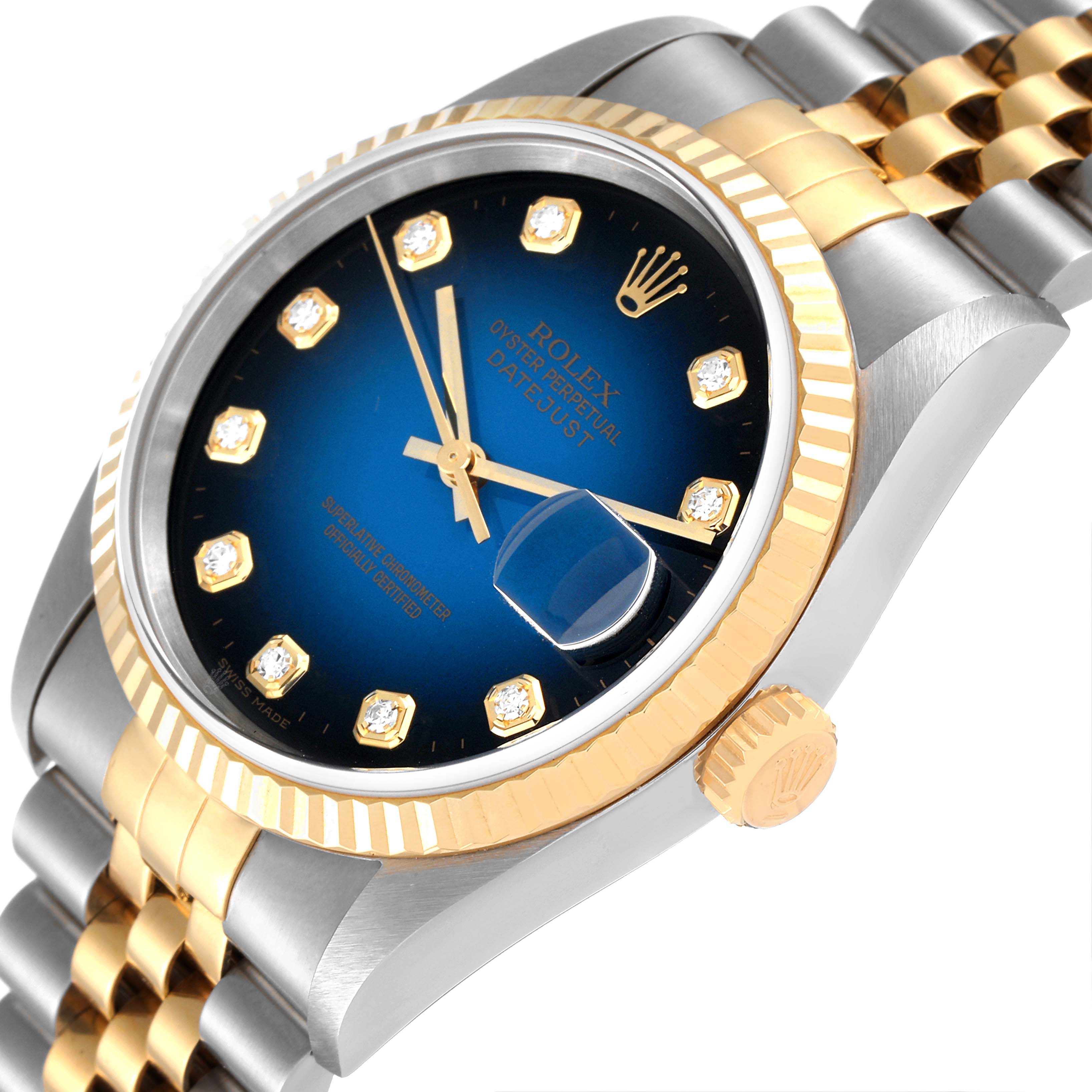 The image shows a Rolex Datejust 16233 Men's Steel and Gold (two tone) Blue Dial 16233 Men's Steel and Gold (two tone) Blue Dial watch at a slight angle, highlighting its blue dial, gold bezel, and silver and gold jubilee bracelet.