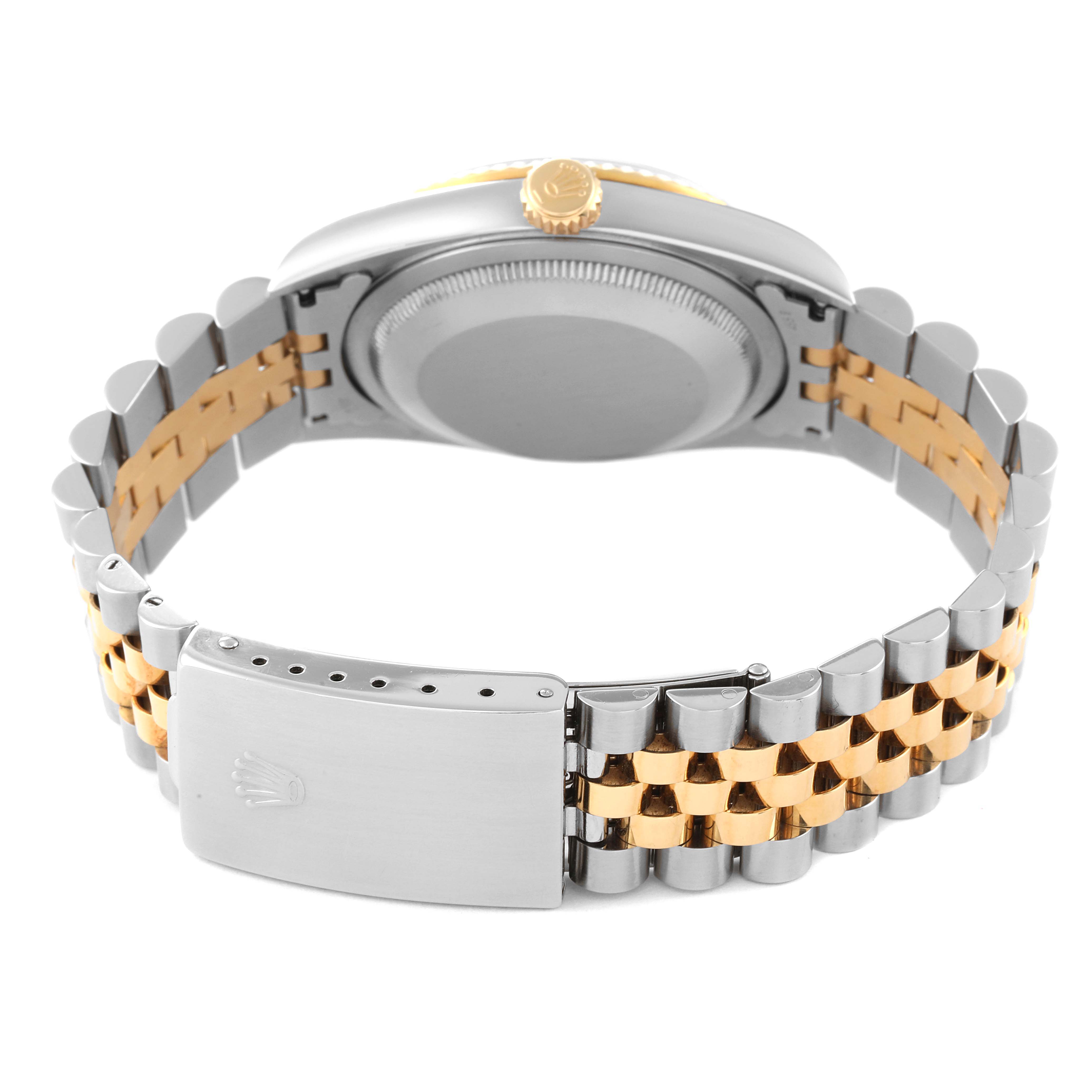 The image shows the back view of a Rolex Datejust 16233 Men's Steel and Gold (two tone) Blue Dial 16233 Men's Steel and Gold (two tone) Blue Dial watch, focusing on the clasp, bracelet, and case back.