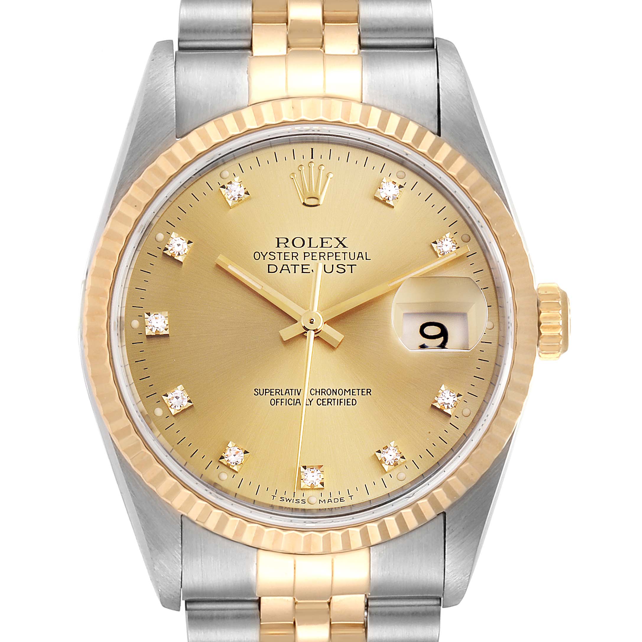 This Rolex Datejust 16233 Men
s Steel and Gold (two tone) Champagne Dial 16233 Men
s Steel and Gold (two tone) Champagne Dial watch is shown from a front angle, displaying its gold dial, diamond hour markers, and two-tone bracelet.