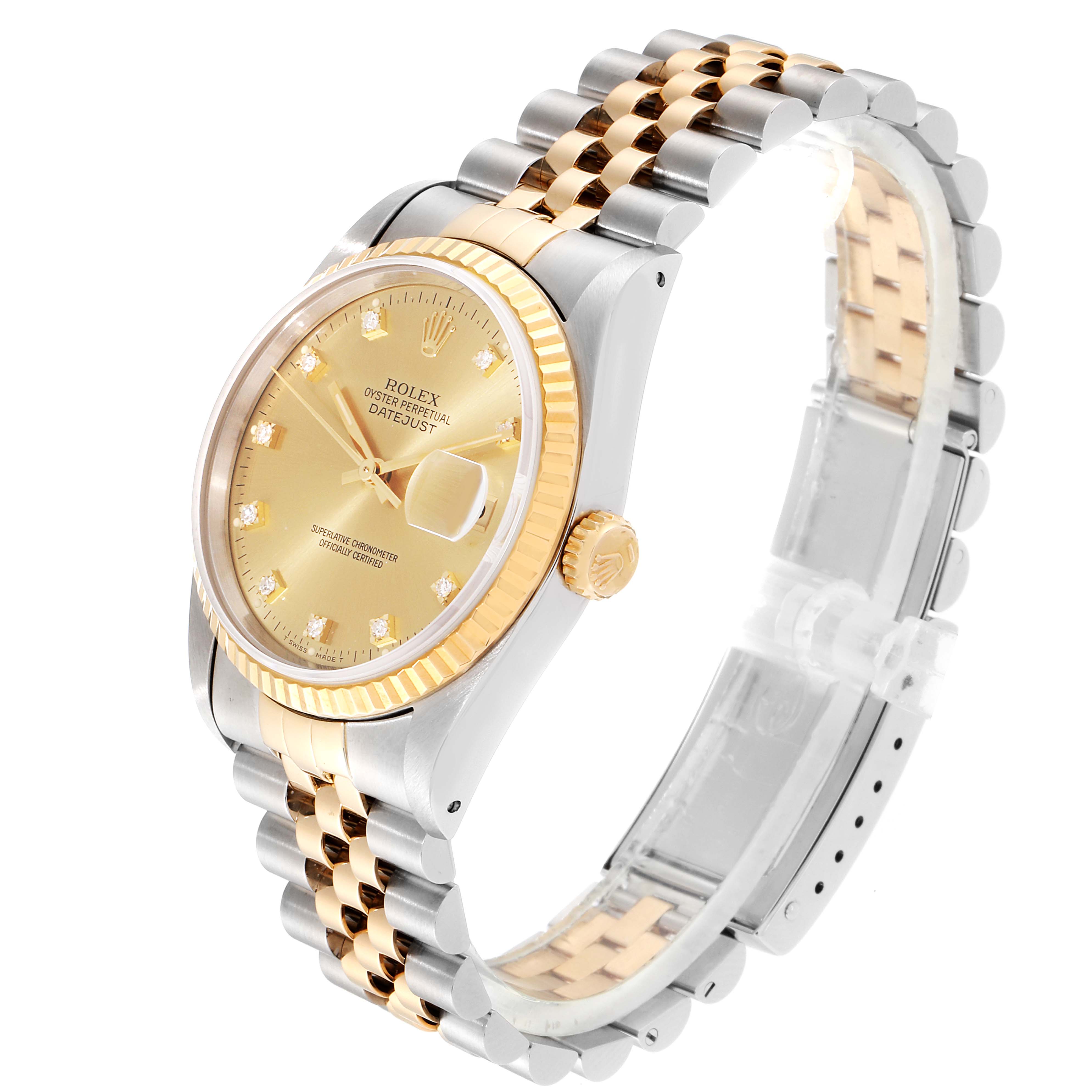 The Rolex Datejust 16233 Men
s Steel and Gold (two tone) Champagne Dial 16233 Men
s Steel and Gold (two tone) Champagne Dial watch is shown at a slight angle, displaying the strap, bezel, crown, and face.
