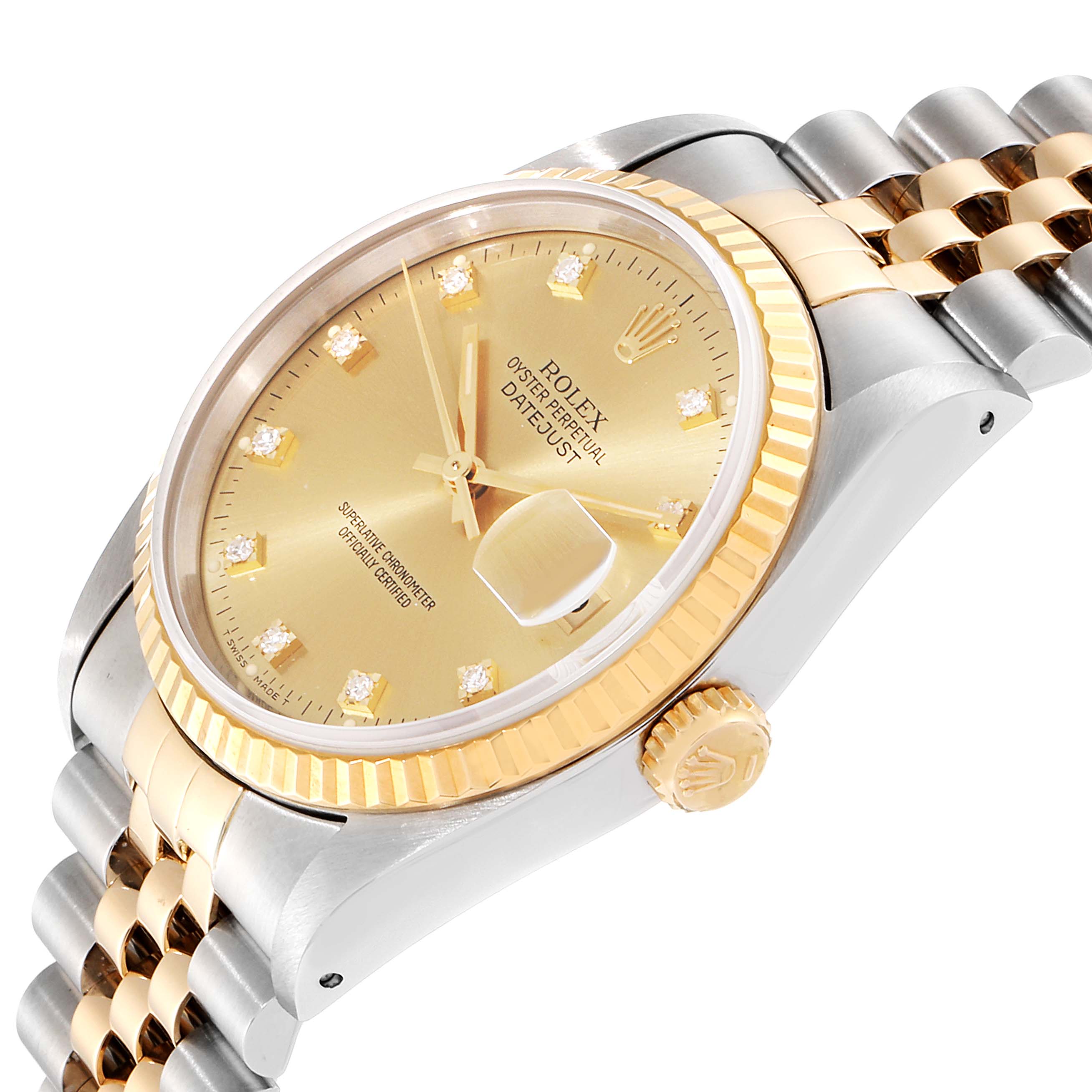 This image shows a close-up side angle of a Rolex Datejust 16233 Men
s Steel and Gold (two tone) Champagne Dial 16233 Men
s Steel and Gold (two tone) Champagne Dial watch, highlighting its gold bezel, dial, and crown with part of the bracelet visible.