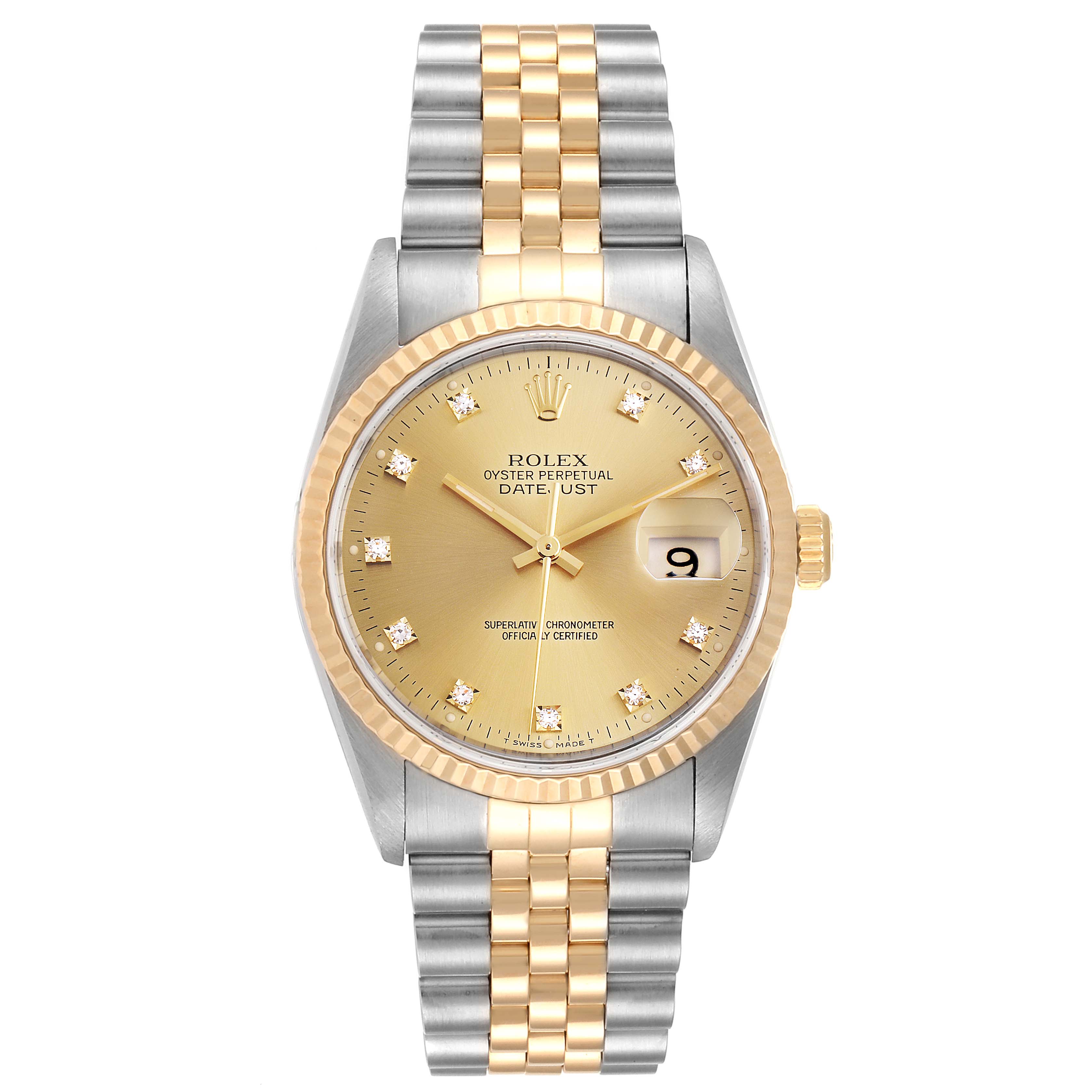 The image shows the front view of a Rolex Datejust 16233 Men
s Steel and Gold (two tone) Champagne Dial 16233 Men
s Steel and Gold (two tone) Champagne Dial watch, highlighting its dial, bezel, and two-tone bracelet.