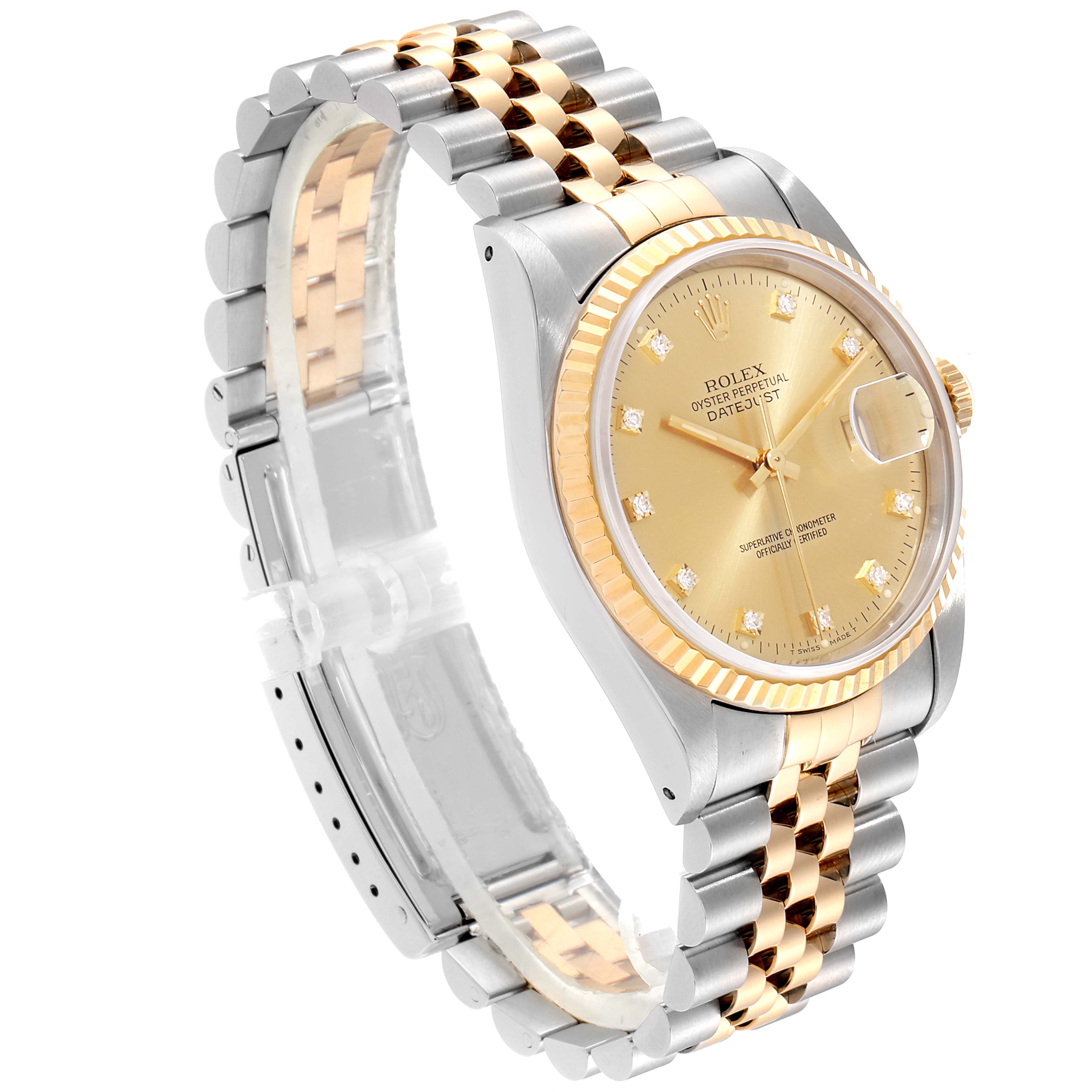 The image showcases a side angle of a Rolex Datejust 16233 Men
s Steel and Gold (two tone) Champagne Dial 16233 Men
s Steel and Gold (two tone) Champagne Dial watch, highlighting the gold dial, fluted bezel, and two-tone Jubilee bracelet.