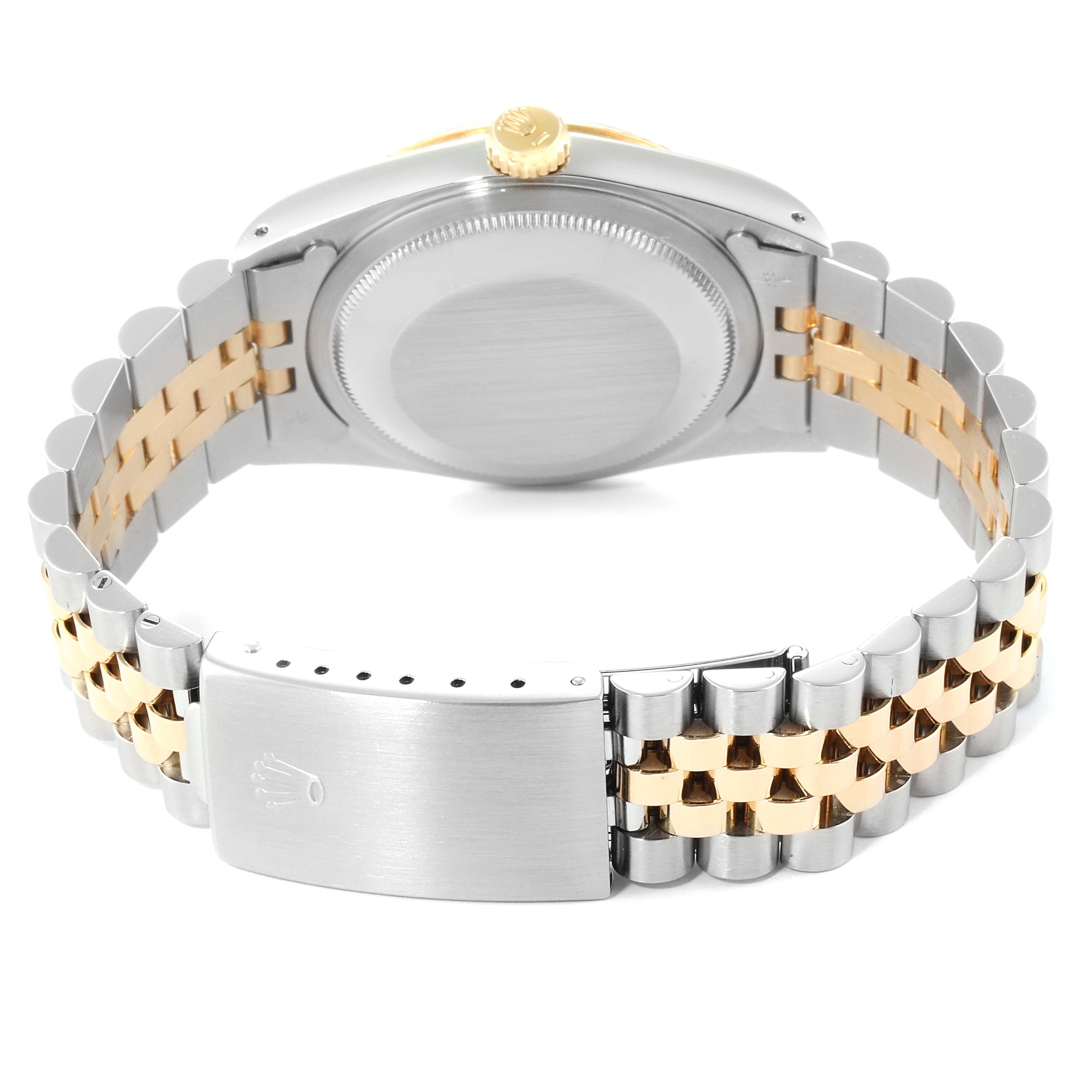 This image shows the back and bracelet of a Rolex Datejust 16233 Men
s Steel and Gold (two tone) Champagne Dial 16233 Men
s Steel and Gold (two tone) Champagne Dial watch at a slight rear angle.