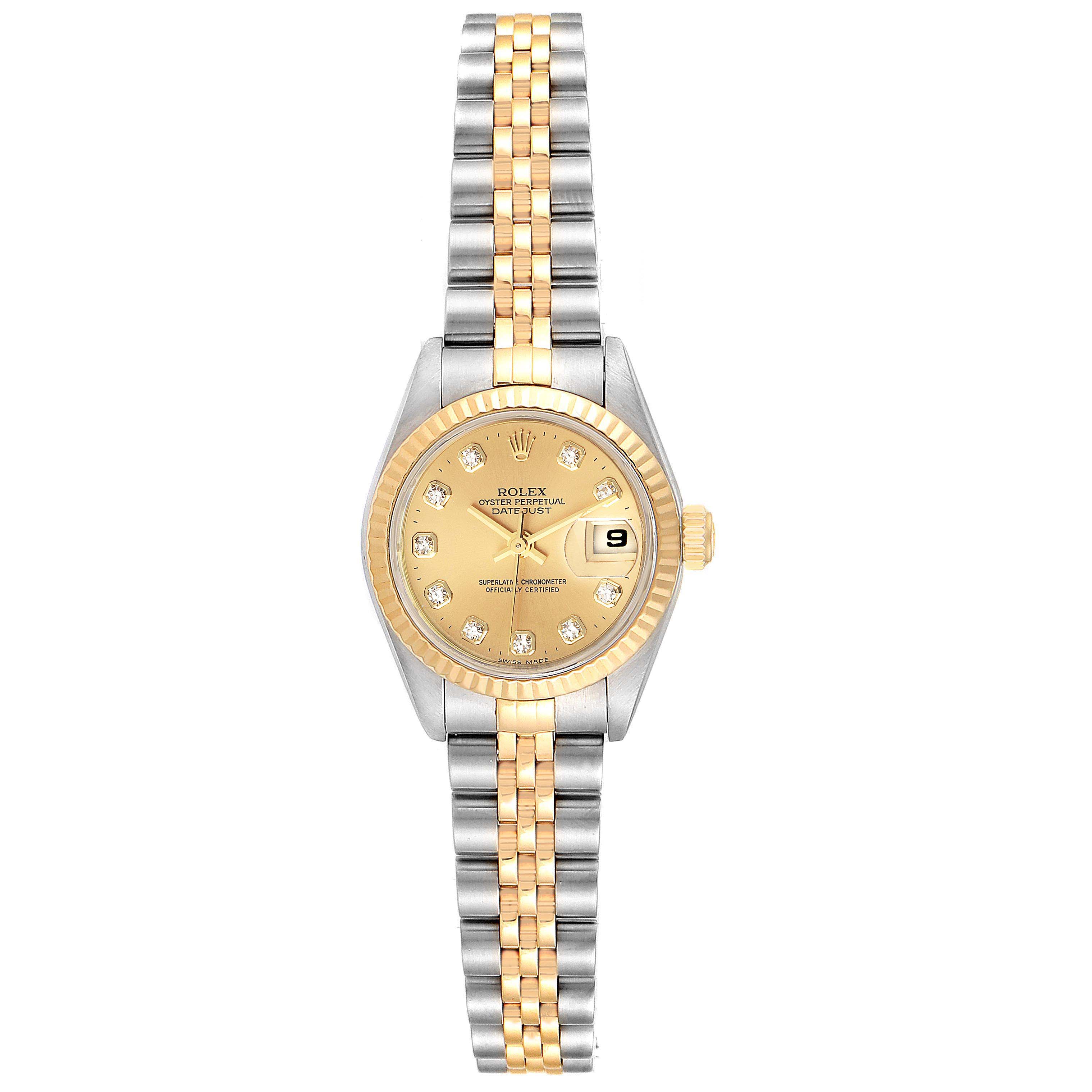 This image shows a front view of a Rolex Datejust 79173 Women's Steel and Gold (two tone) Champagne Dial 79173 Women's Steel and Gold (two tone) Champagne Dial watch featuring a two-tone bracelet and a gold dial with diamond hour markers.