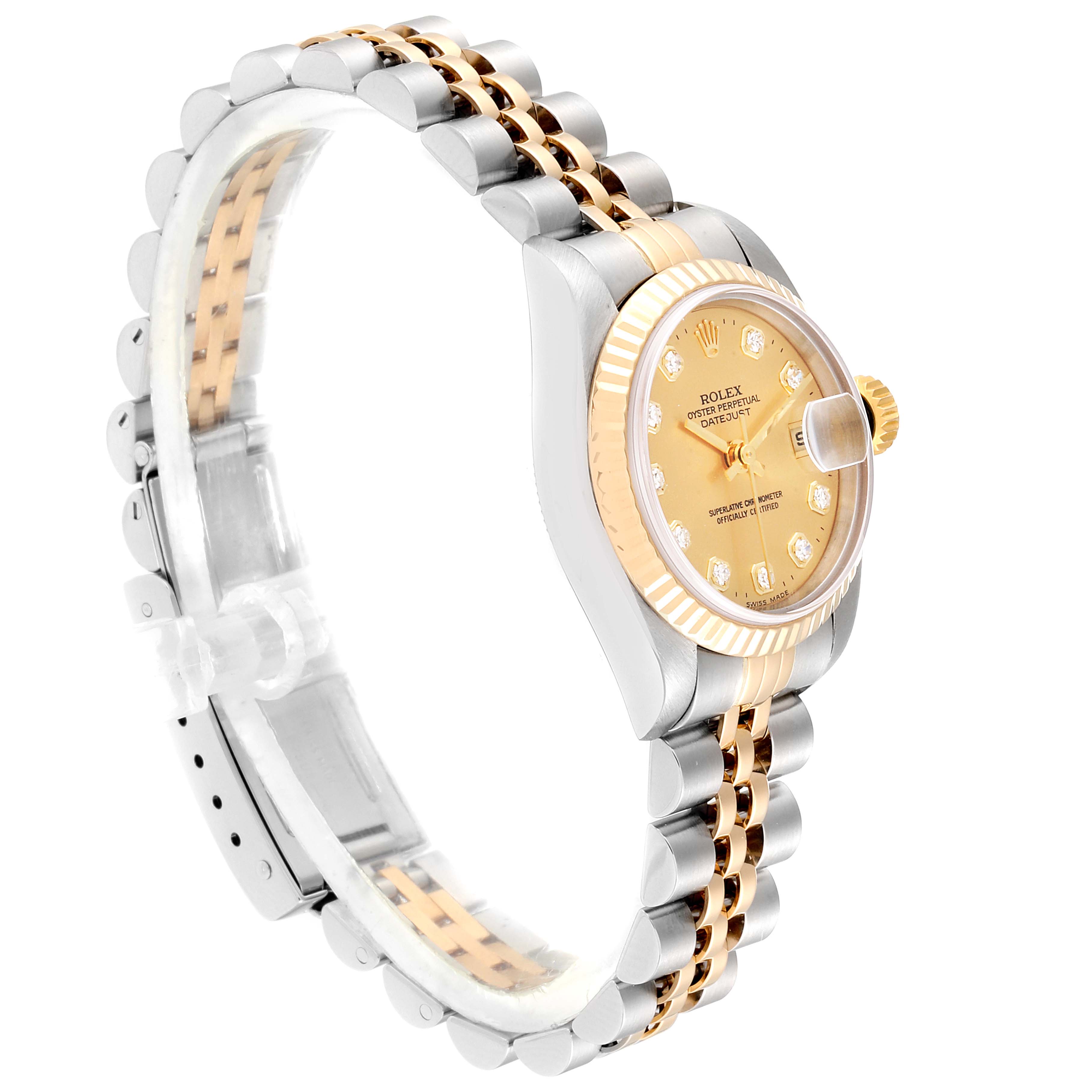 The image shows a side angle of a Rolex Datejust 79173 Women's Steel and Gold (two tone) Champagne Dial 79173 Women's Steel and Gold (two tone) Champagne Dial watch, highlighting its bracelet, dial, crown, and fluted bezel.