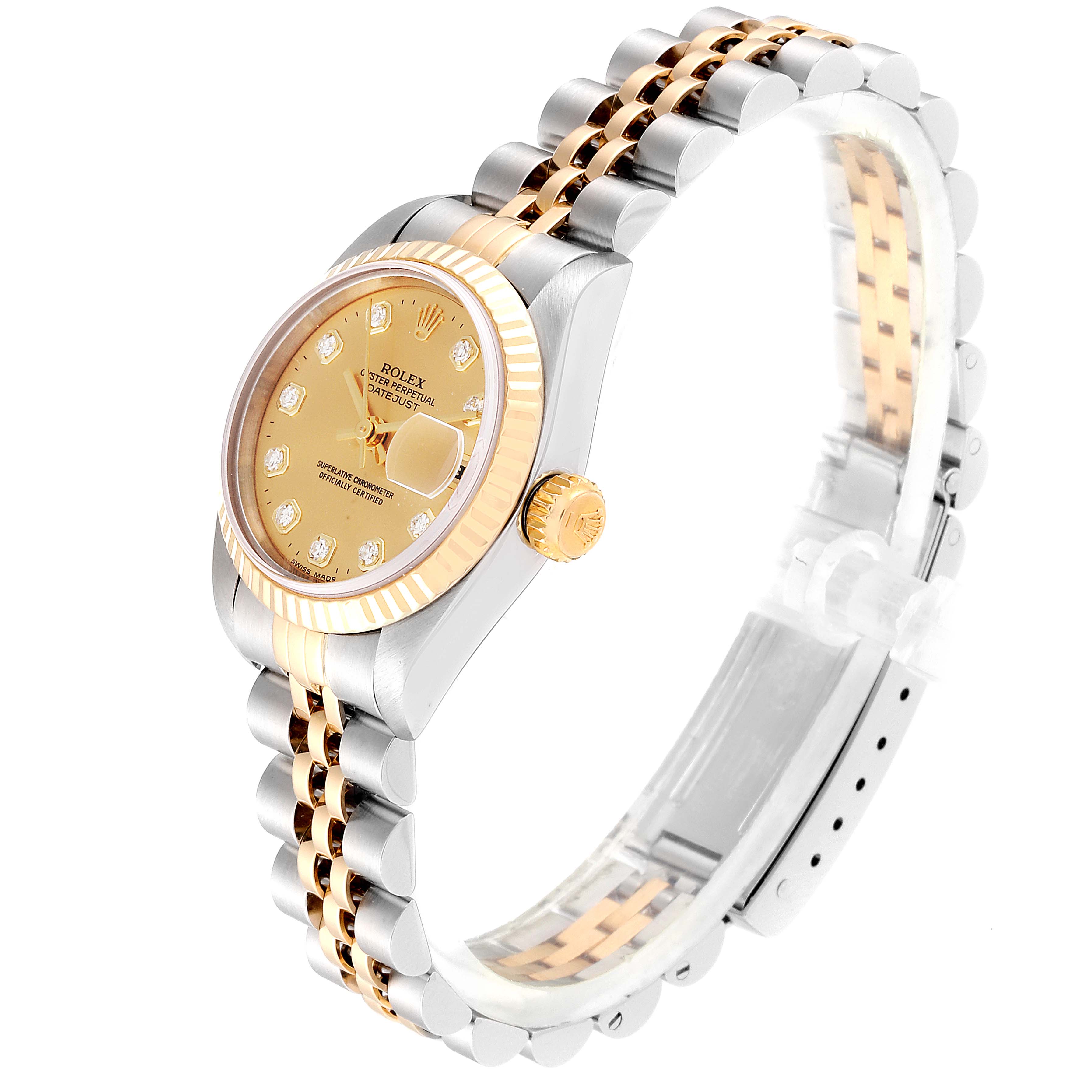 The Rolex Datejust 79173 Women's Steel and Gold (two tone) Champagne Dial 79173 Women's Steel and Gold (two tone) Champagne Dial watch is shown from an angled side view, displaying its gold and silver fluted bezel, crown, dial, and Jubilee bracelet.