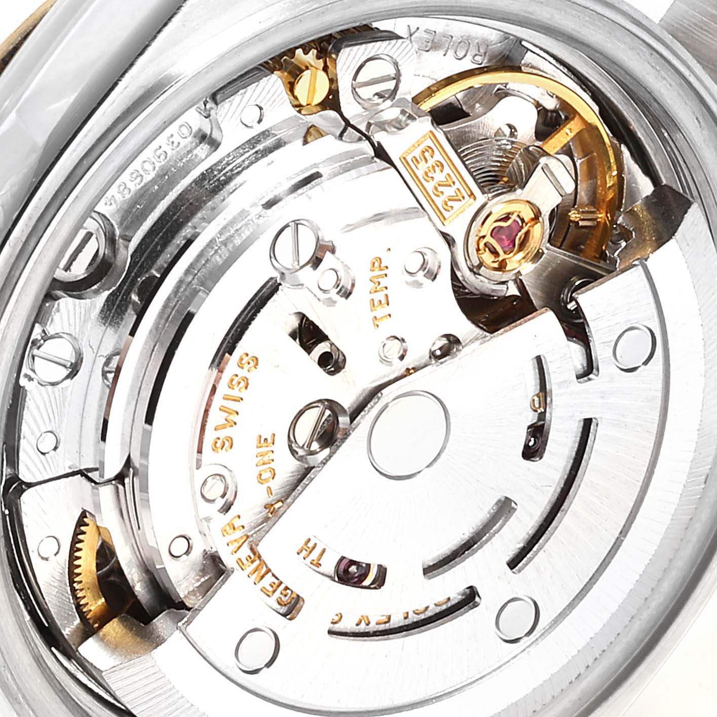 The image shows a close-up view of the movement mechanism of a Rolex Datejust 79173 Women's Steel and Gold (two tone) Champagne Dial 79173 Women's Steel and Gold (two tone) Champagne Dial watch.