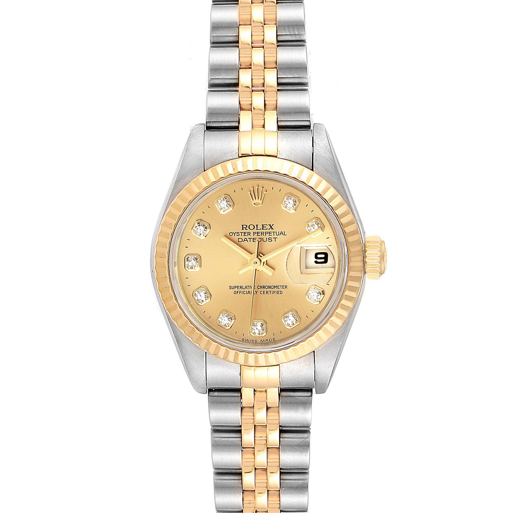 This image shows a Rolex Datejust 79173 Women's Steel and Gold (two tone) Champagne Dial 79173 Women's Steel and Gold (two tone) Champagne Dial model watch from a top-down angle featuring its bezel, dial, bracelet, and date window.