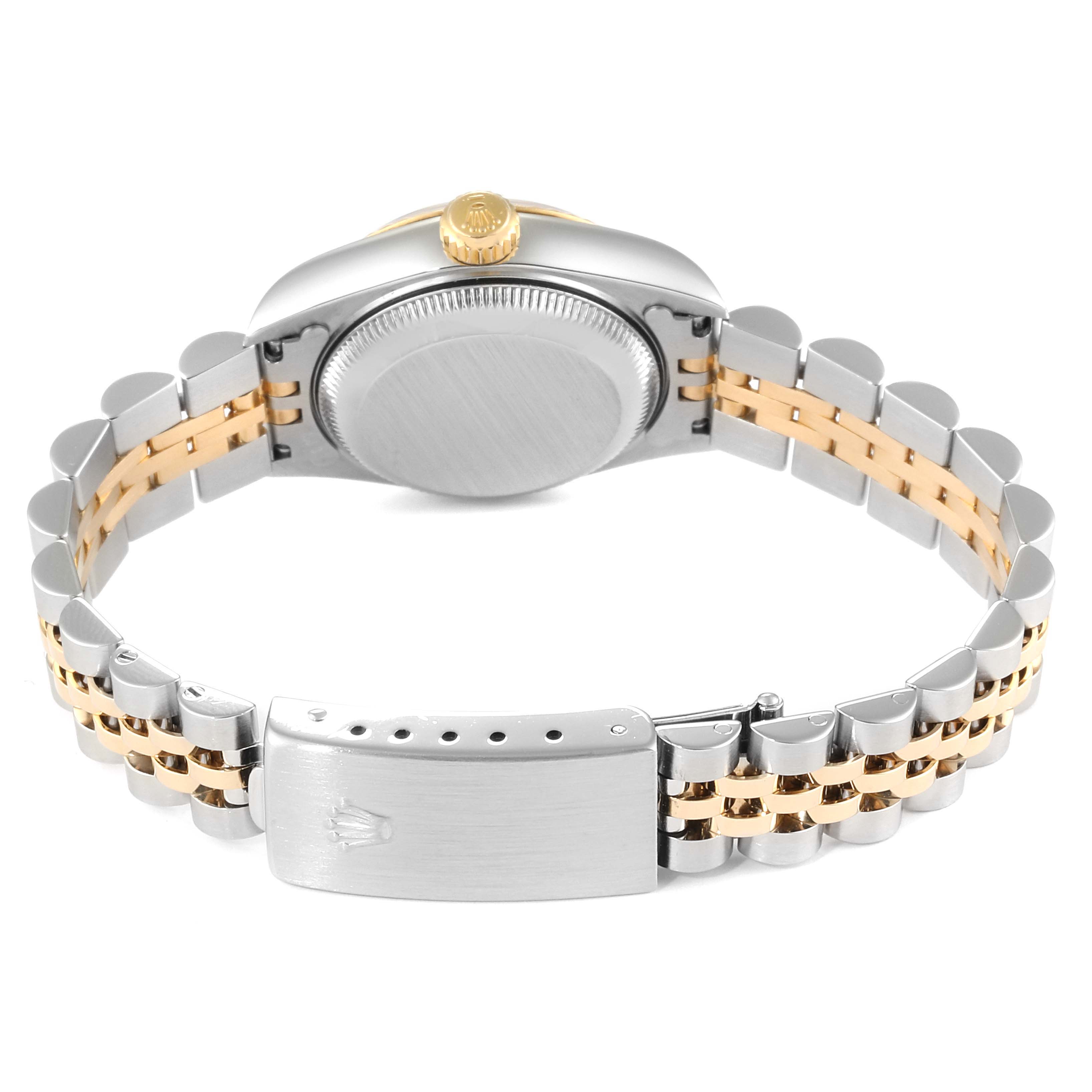 This image shows the back case and bracelet of a Rolex Datejust 79173 Women's Steel and Gold (two tone) Champagne Dial 79173 Women's Steel and Gold (two tone) Champagne Dial watch.