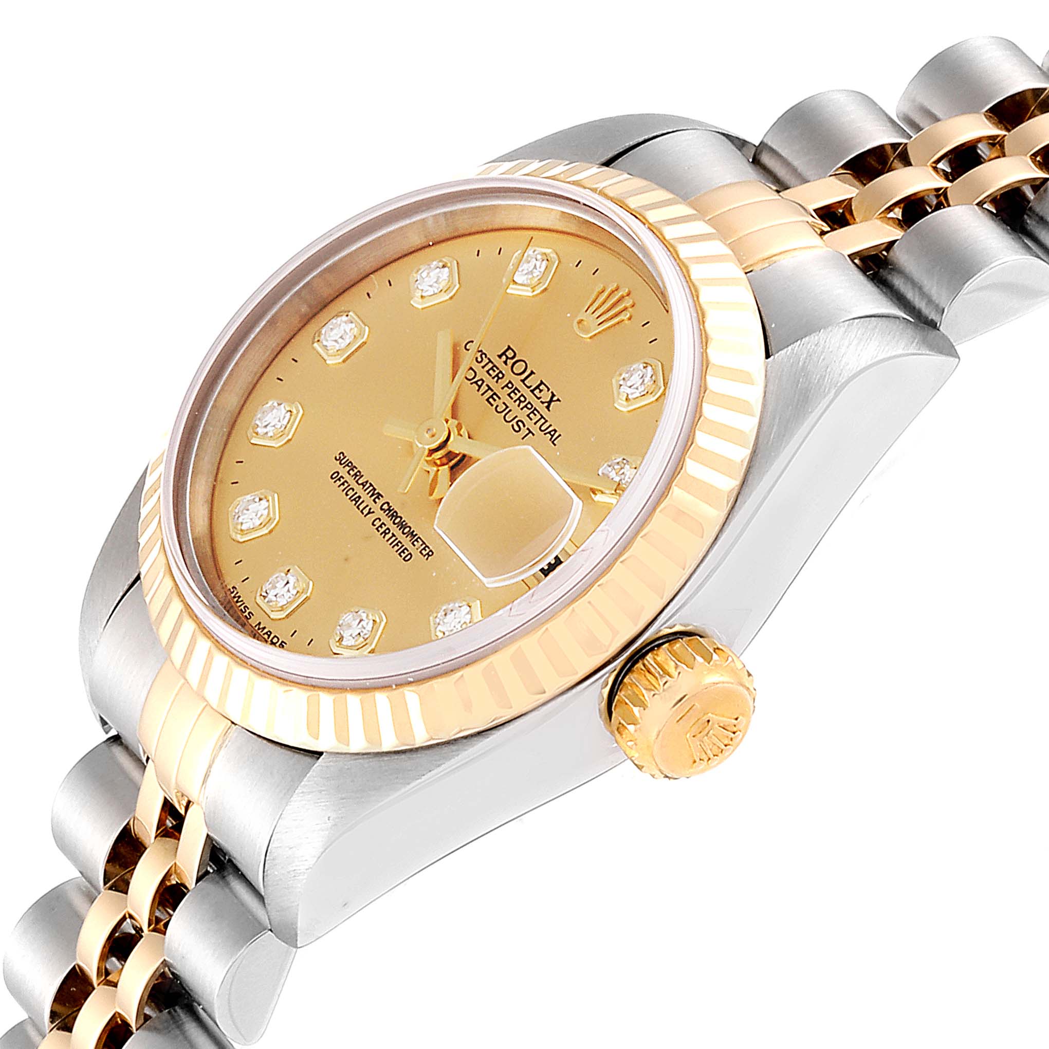 The image shows a Rolex Datejust 79173 Women's Steel and Gold (two tone) Champagne Dial 79173 Women's Steel and Gold (two tone) Champagne Dial watch from a 45-degree angle, highlighting the dial, bezel, crown, and part of the bracelet.