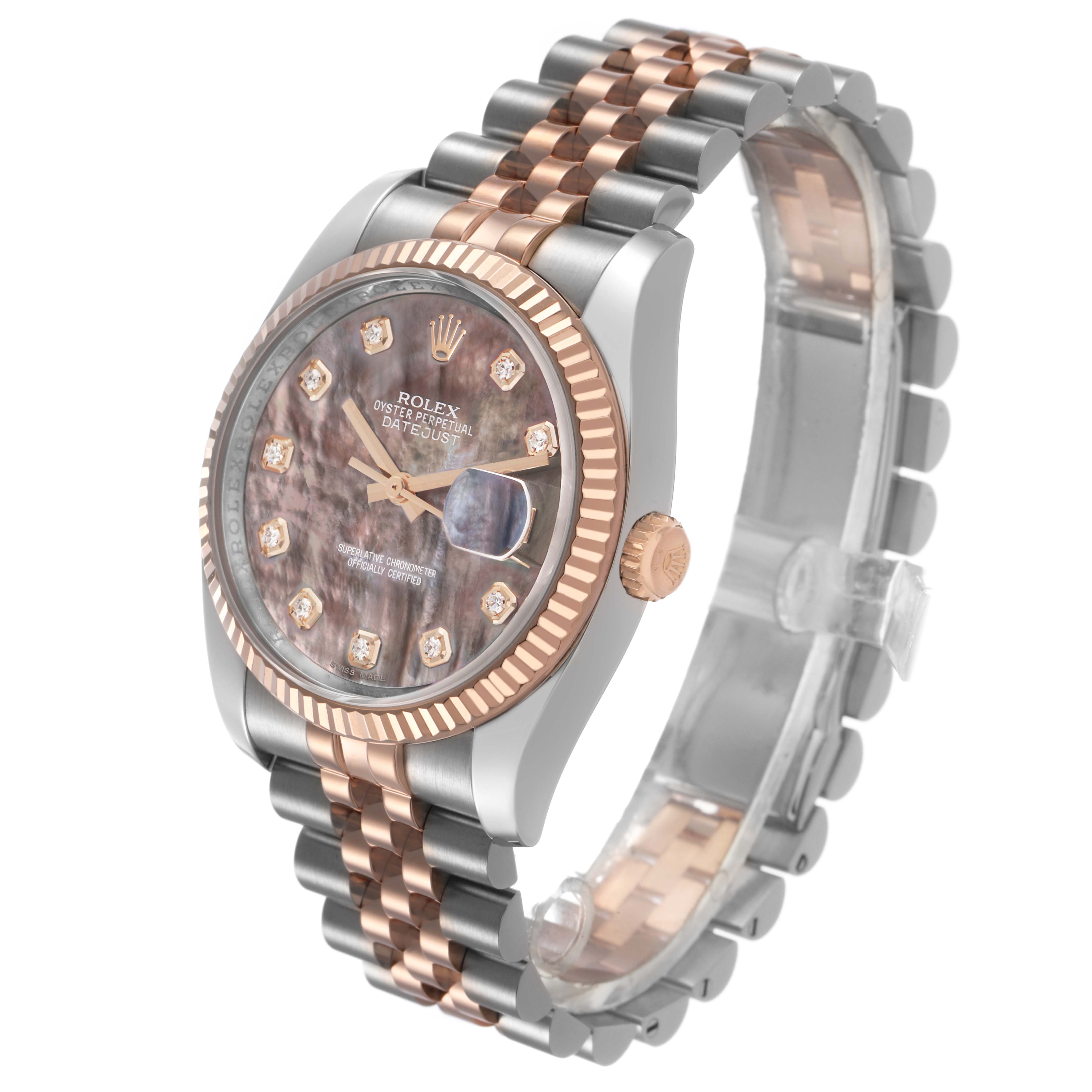 The Rolex Datejust 116231 Men's Steel and Gold (two tone) Mother of Pearl Dial watch is shown at an angle highlighting the face, bezel, crown, and Jubilee bracelet.