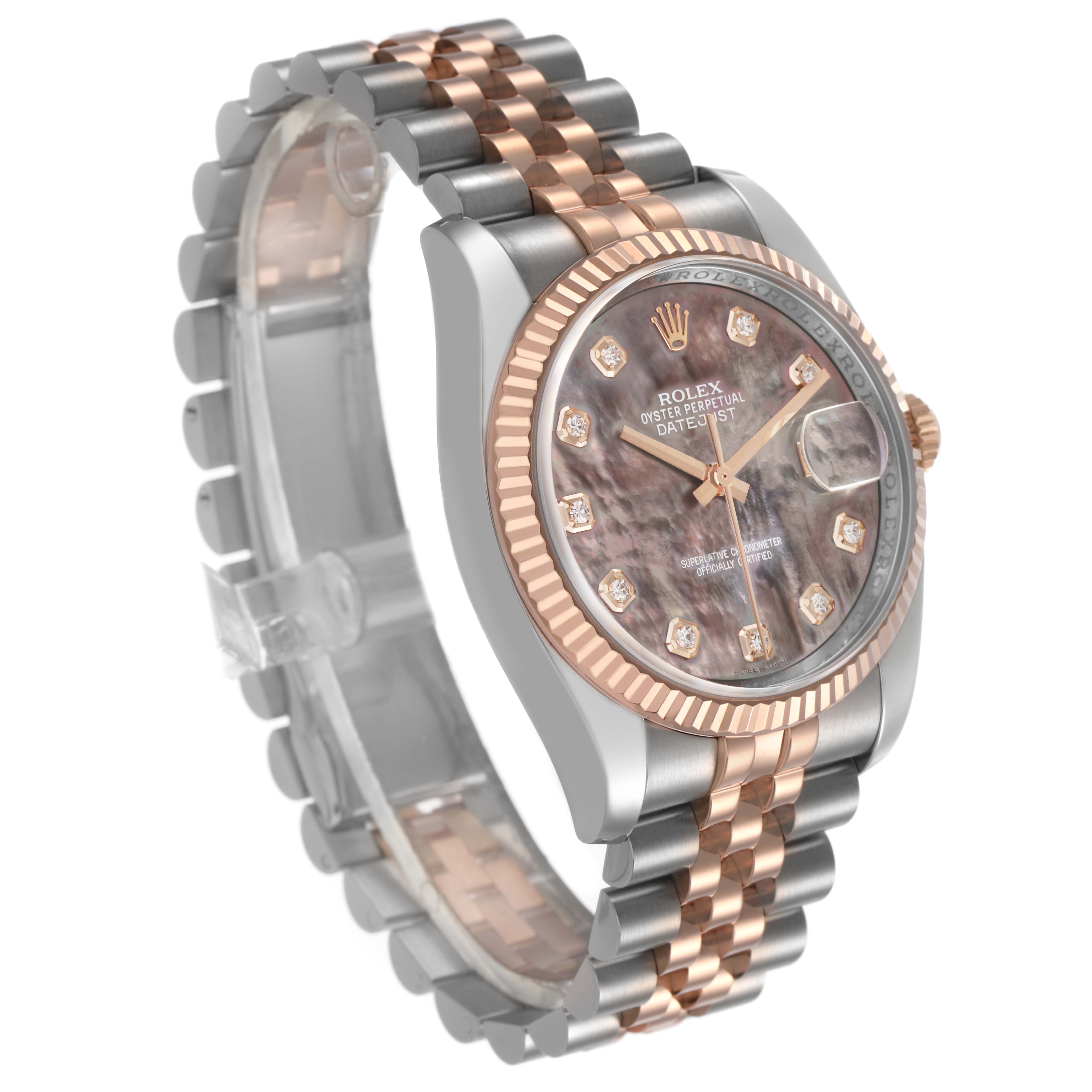 The Rolex Datejust 116231 Men's Steel and Gold (two tone) Mother of Pearl Dial watch is shown at an angle highlighting the face, crown, bezel, and part of the jubilee bracelet.