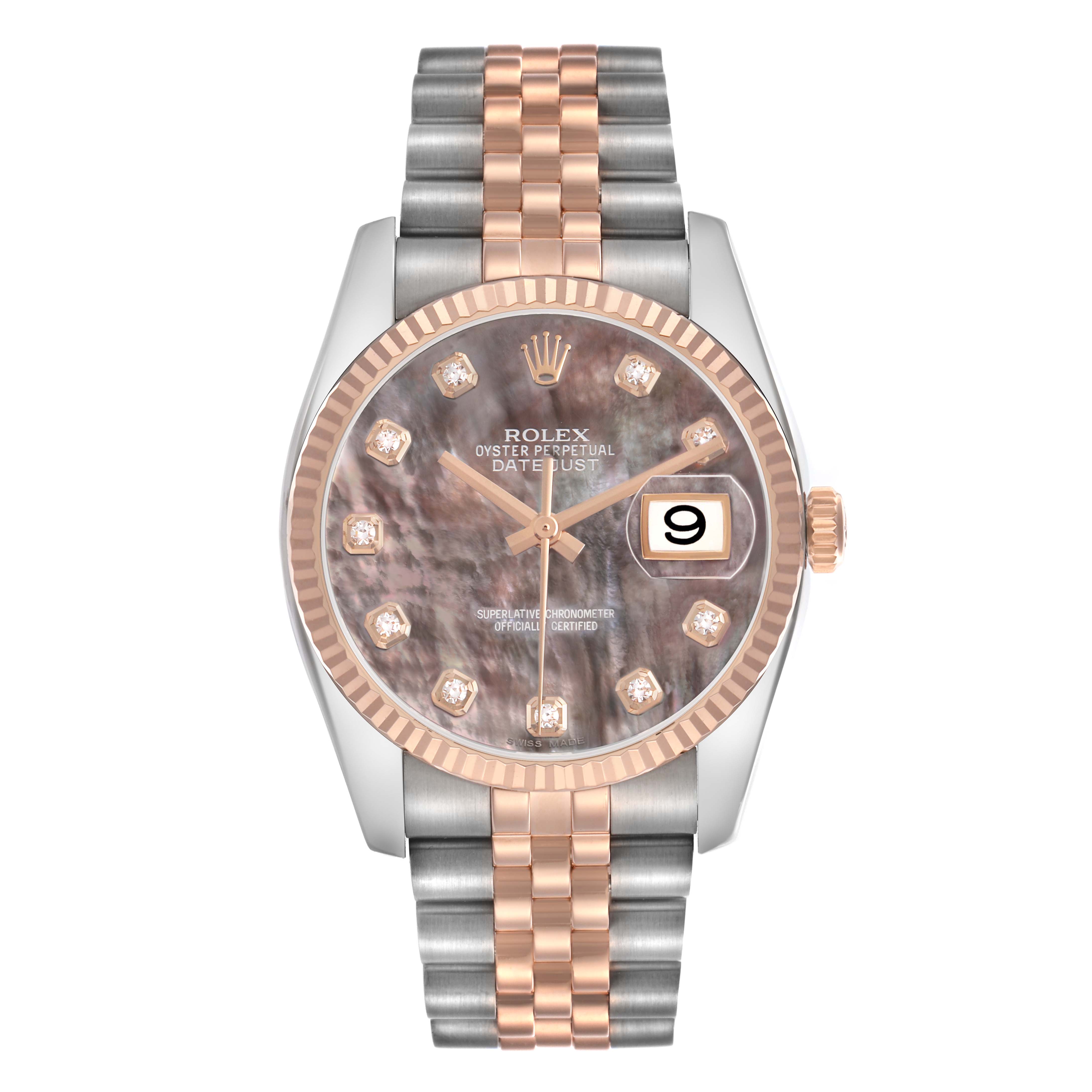 The Rolex Datejust 116231 Men's Steel and Gold (two tone) Mother of Pearl Dial model is shown from a front angle, highlighting its dial, bezel, crown, and two-tone bracelet.