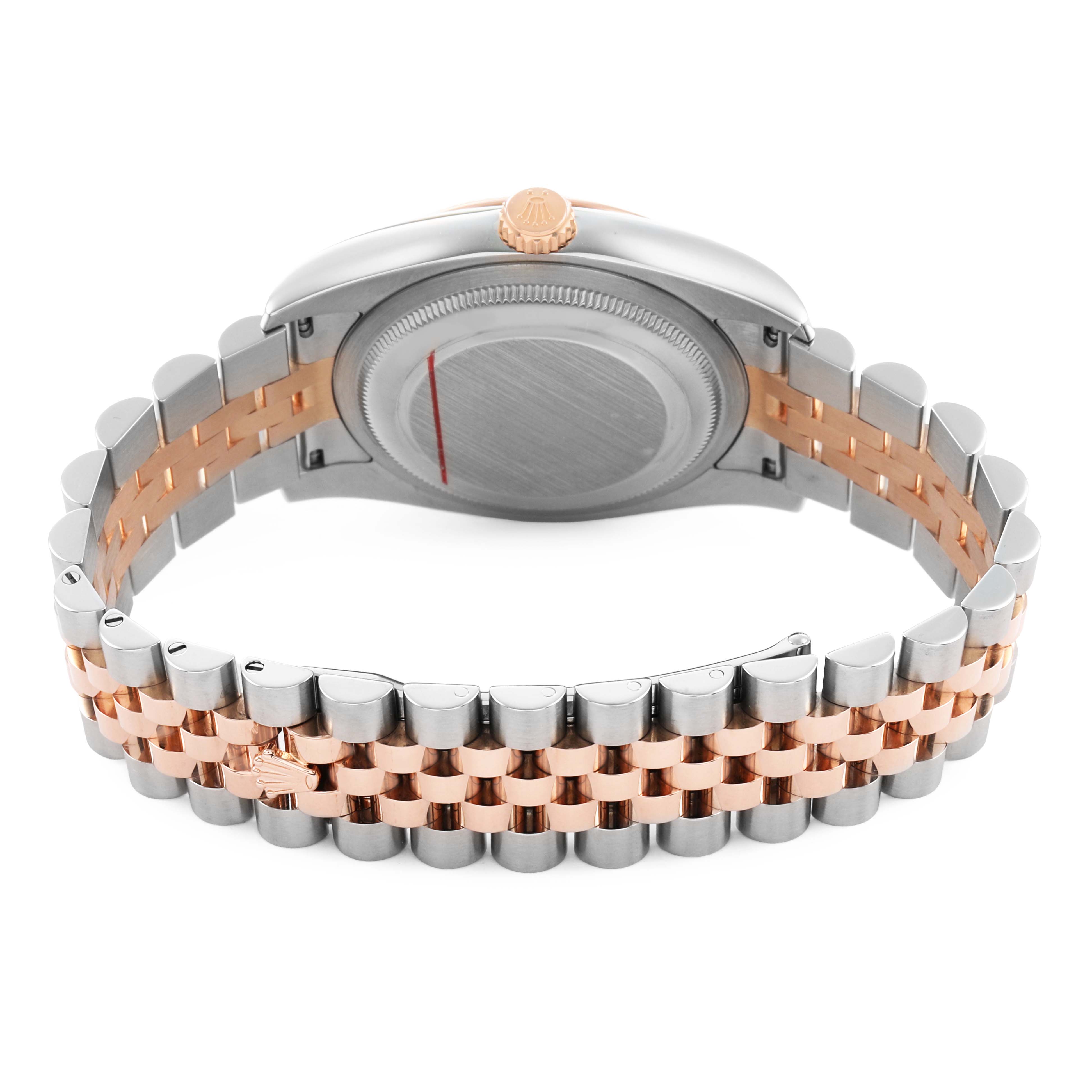 The Rolex Datejust 116231 Men's Steel and Gold (two tone) Mother of Pearl Dial watch is shown from the back, highlighting the case, Jubilee bracelet, and clasp.