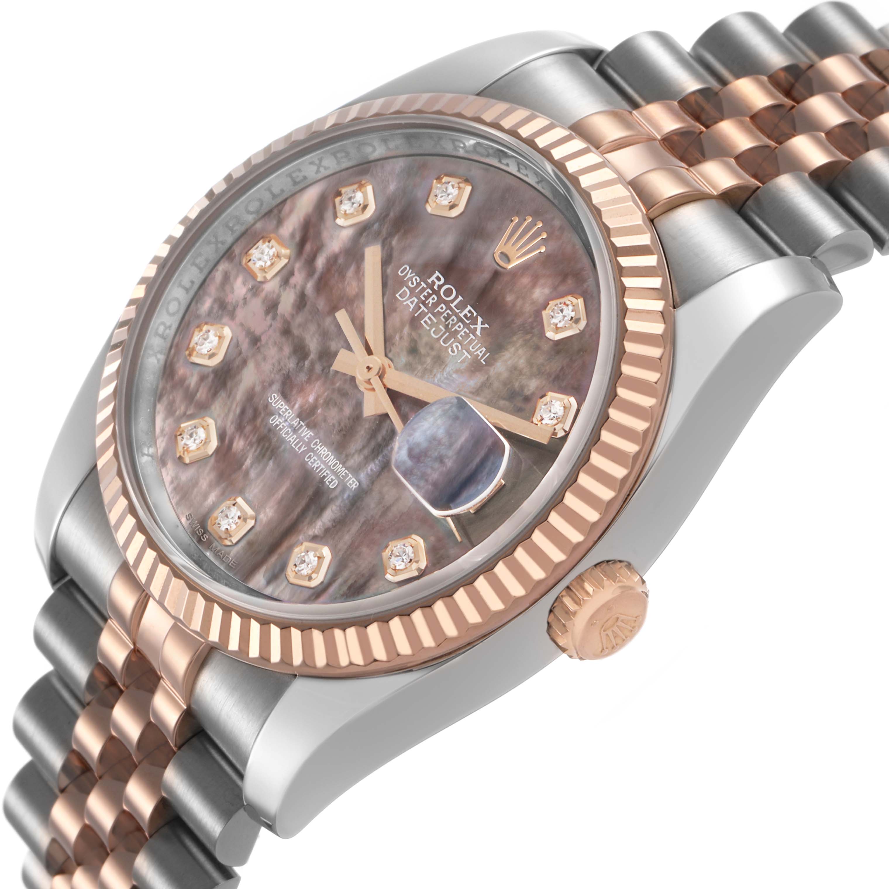 The Rolex Datejust 116231 Men's Steel and Gold (two tone) Mother of Pearl Dial watch is shown at an angled side view, highlighting the bezel, crown, and part of the bracelet.