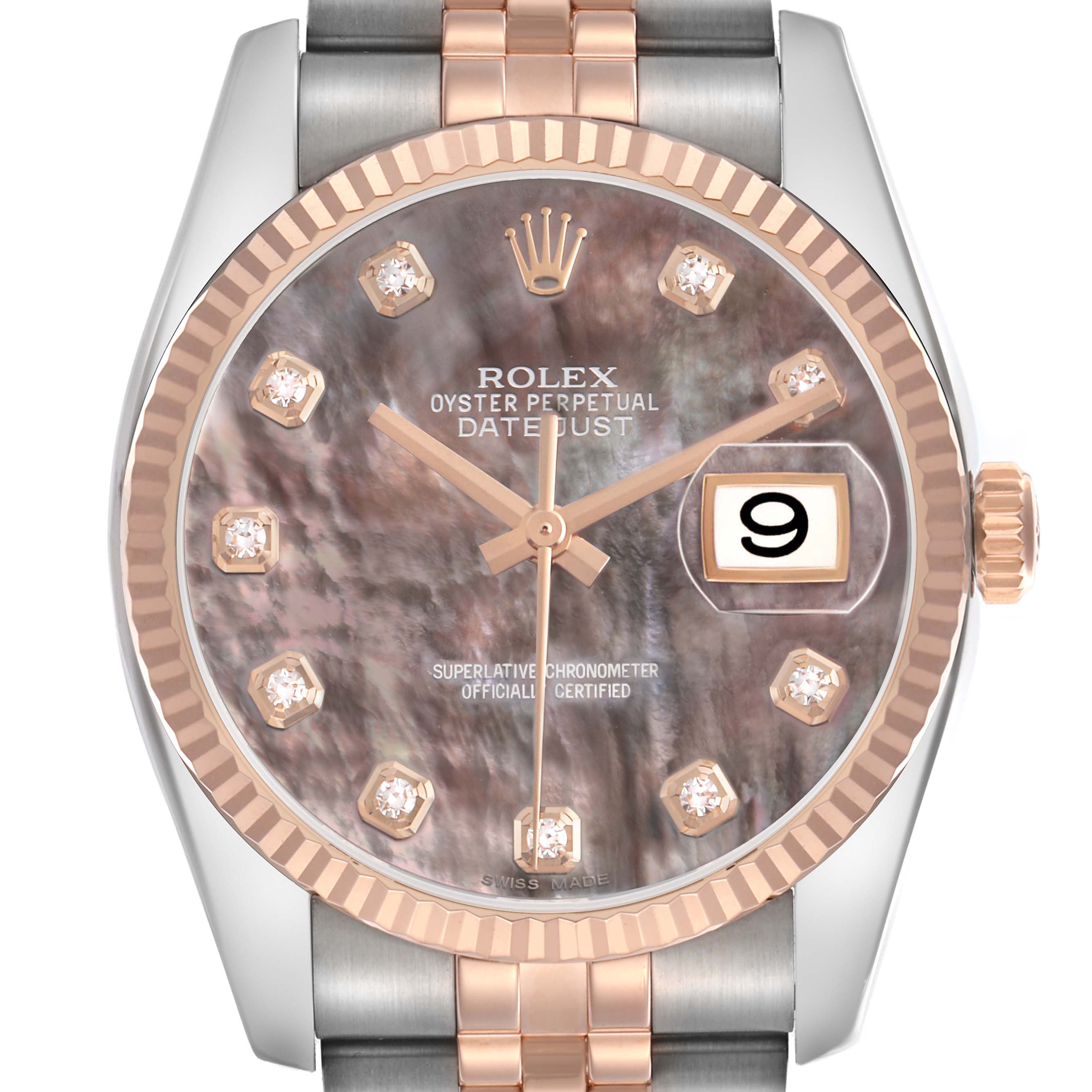 The Rolex Datejust 116231 Men's Steel and Gold (two tone) Mother of Pearl Dial watch is shown from the front, highlighting its dial, bezel, crown, and part of the bracelet.