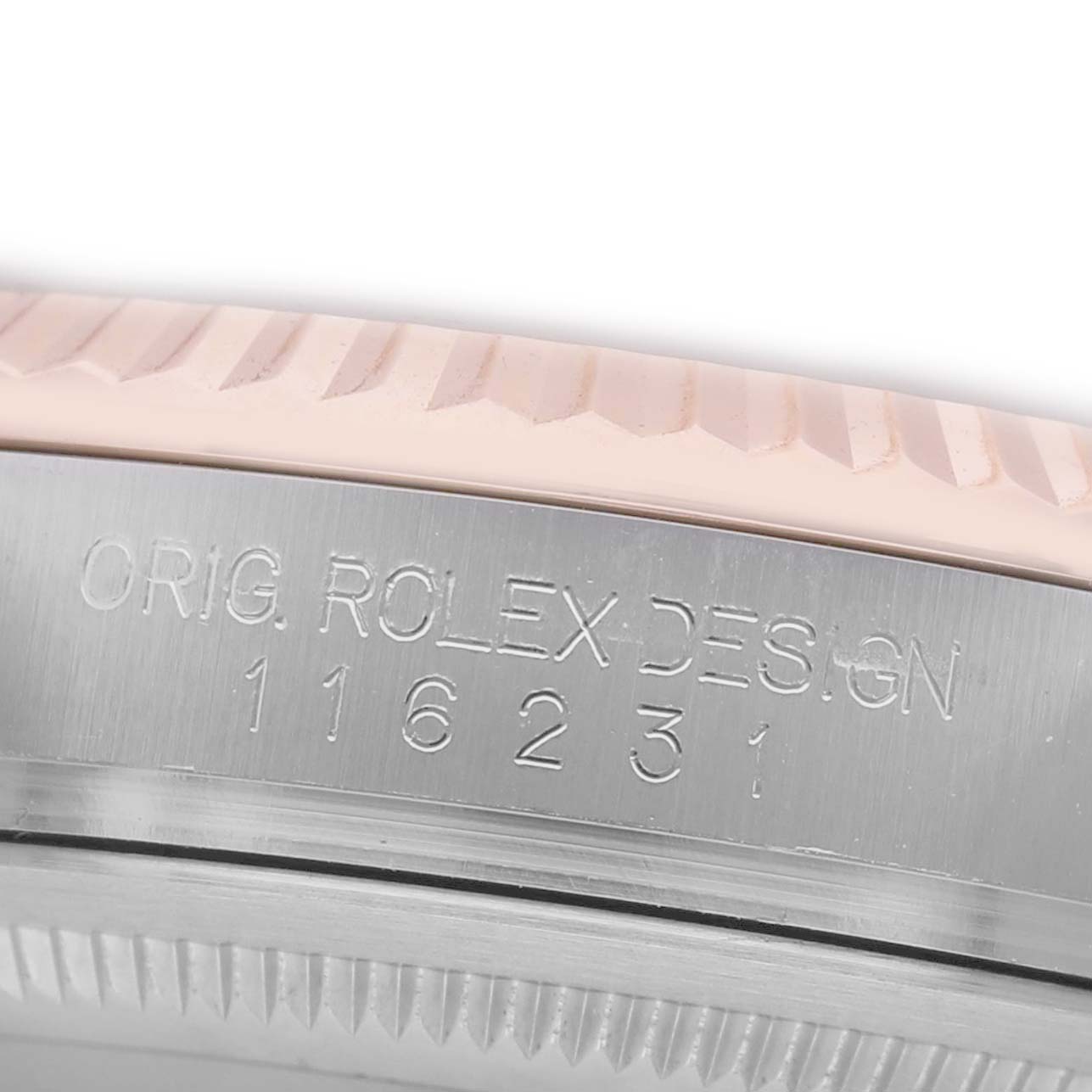The image shows a close-up of the side engraving on the Rolex Datejust 116231 Men's Steel and Gold (two tone) Mother of Pearl Dial case, highlighting "ORIG. ROLEX DESIGN" and the model number.