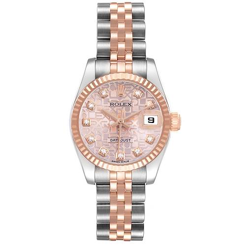 The Rolex Datejust 179171 Women's Stainless Steel Pink Dial watch is shown from the front, displaying the dial, bezel, crown, and bracelet.