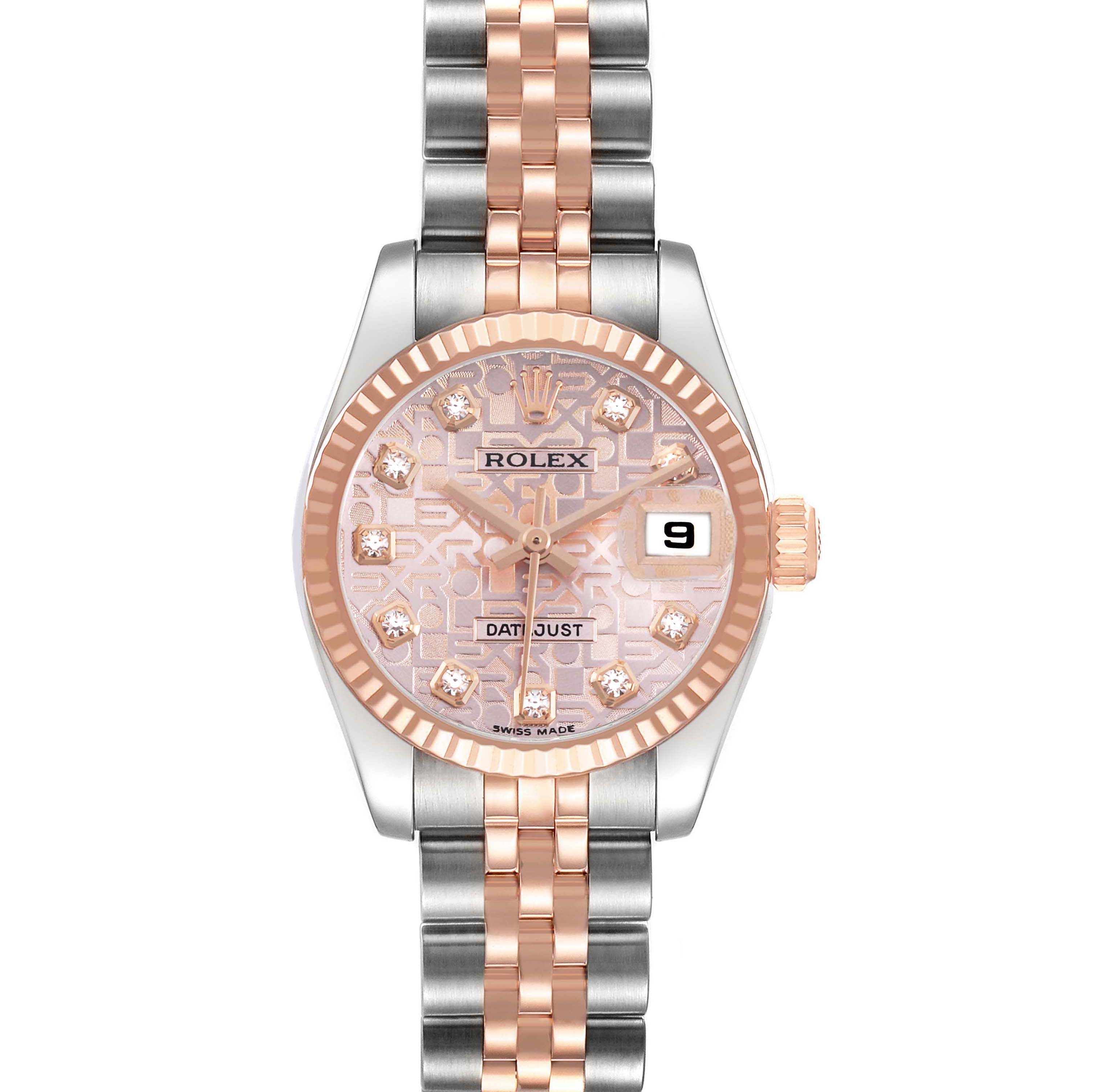 The Rolex Datejust 179171 Women's Stainless Steel Pink Dial is shown from the front, featuring its dial, bezel, crown, and bracelet.