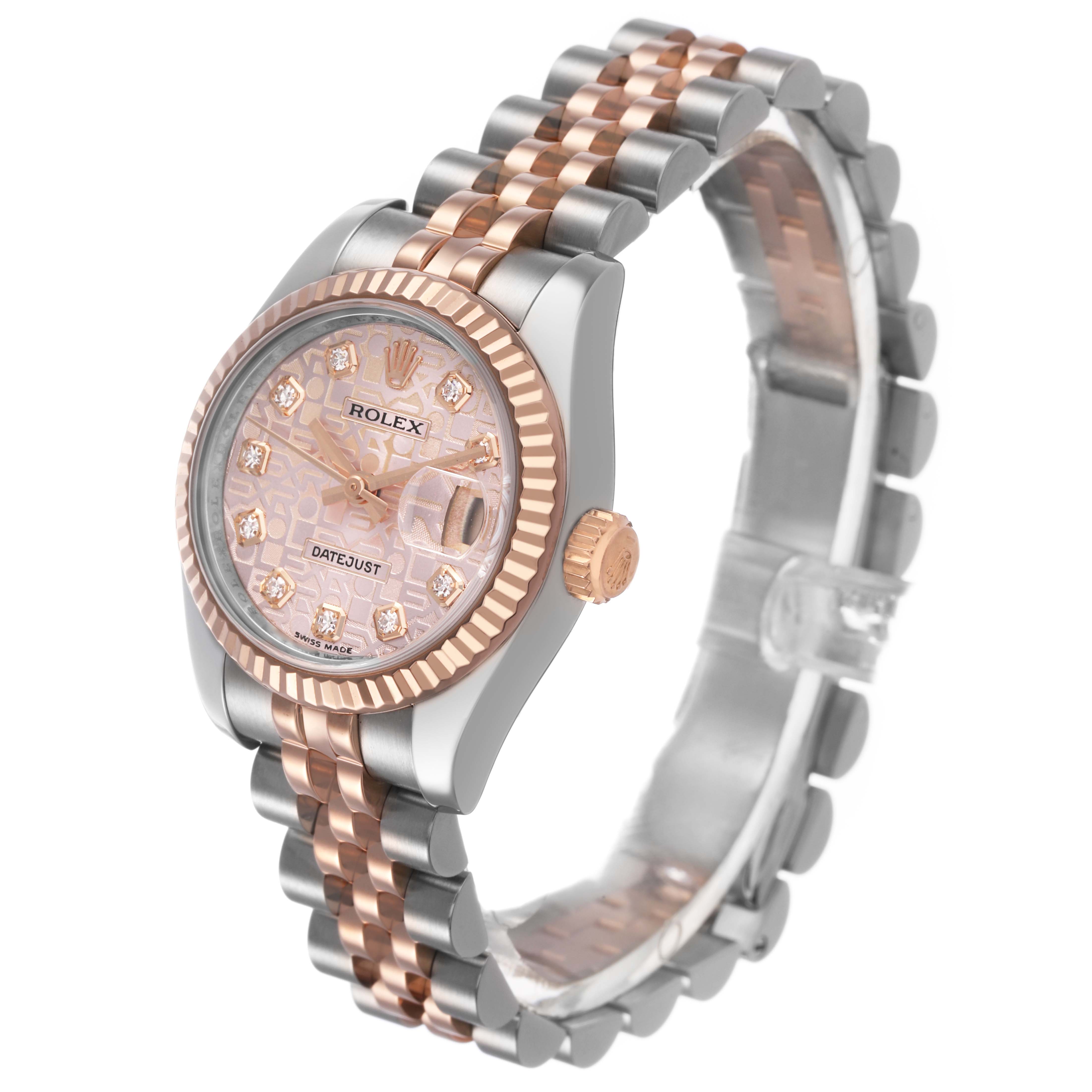 The Rolex Datejust 179171 Women's Stainless Steel Pink Dial watch is shown at a three-quarter angle, highlighting the dial, bezel, and two-tone bracelet.