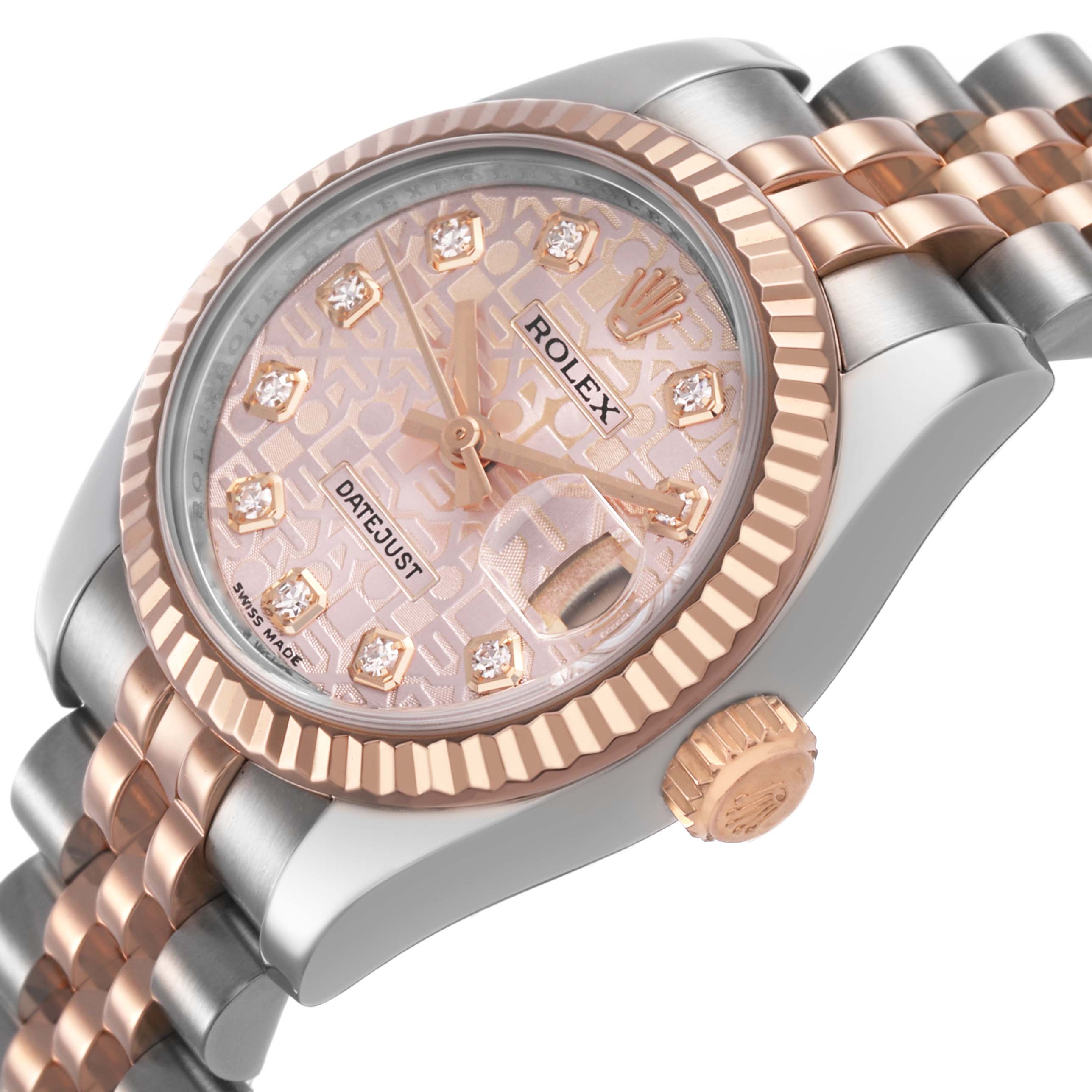 The Rolex Datejust 179171 Women's Stainless Steel Pink Dial watch is shown from a side angle, highlighting the dial, bezel, crown, and part of the bracelet.