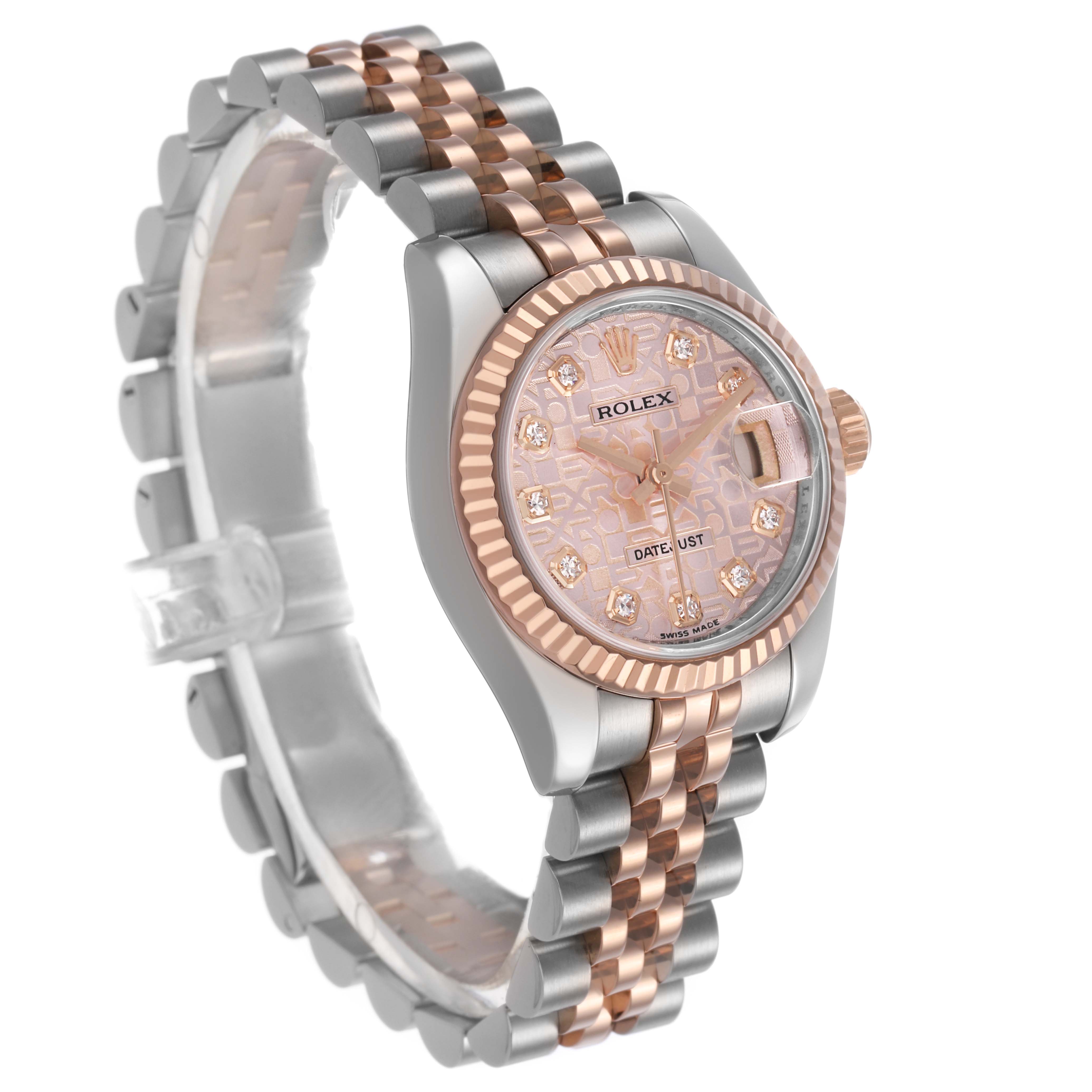 This Rolex Datejust 179171 Women's Stainless Steel Pink Dial watch is shown at an angled close-up, highlighting the bezel, dial, crown, and bracelet.