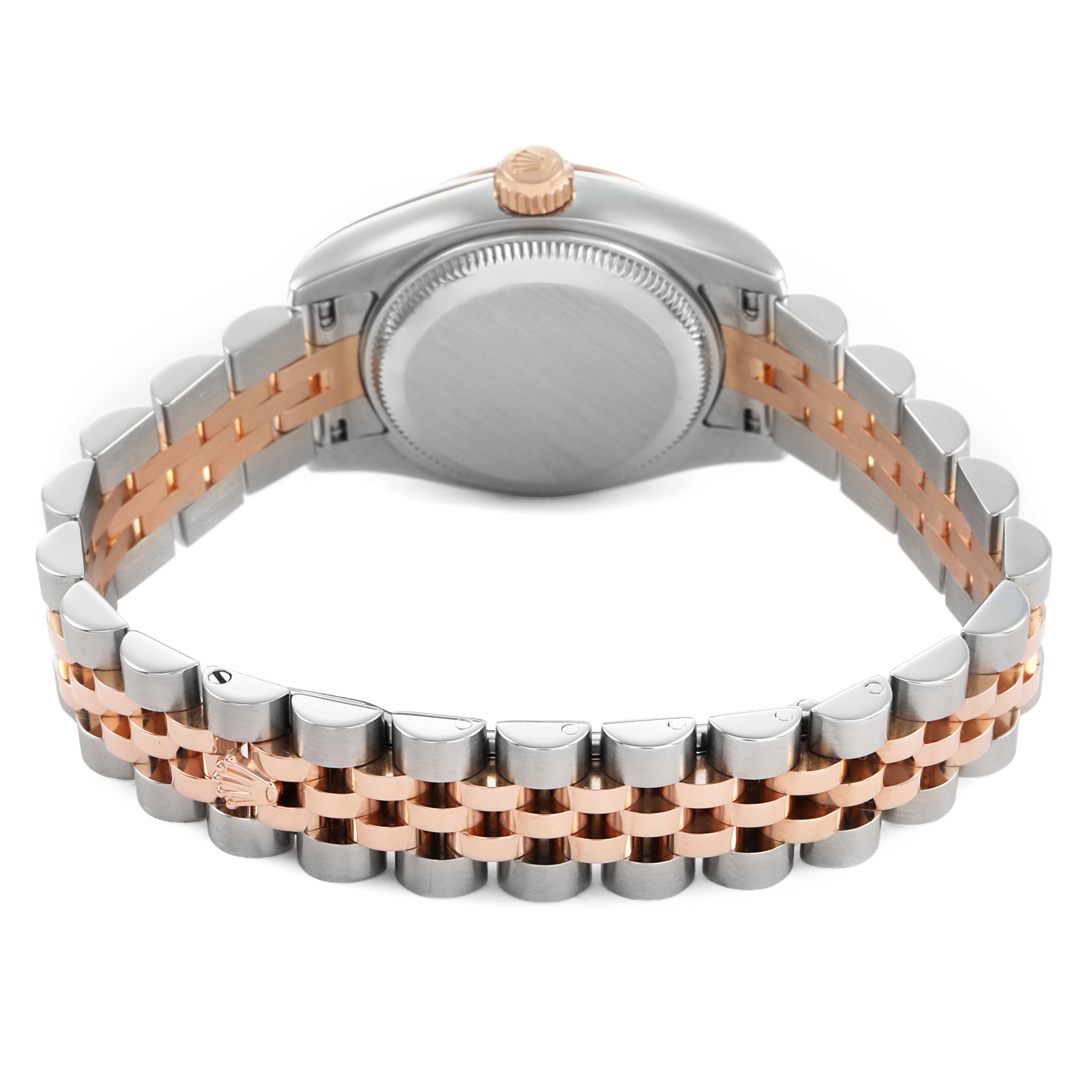 The Rolex Datejust 179171 Women's Stainless Steel Pink Dial watch is shown from the back, highlighting the case, crown, and two-tone bracelet.