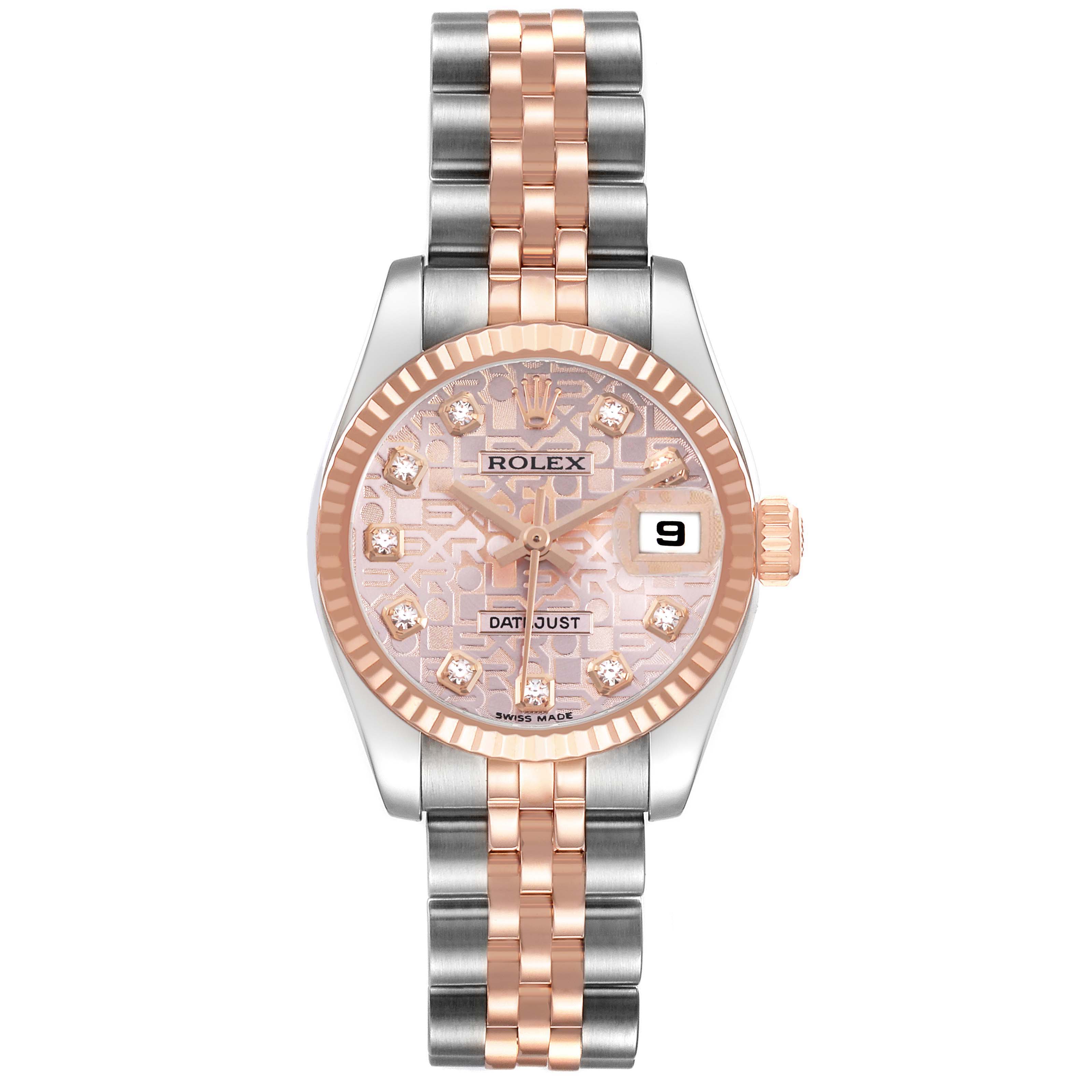 The Rolex Datejust 179171 Women's Stainless Steel Pink Dial watch is shown from a top-down angle, displaying its face, bezel, and bracelet.