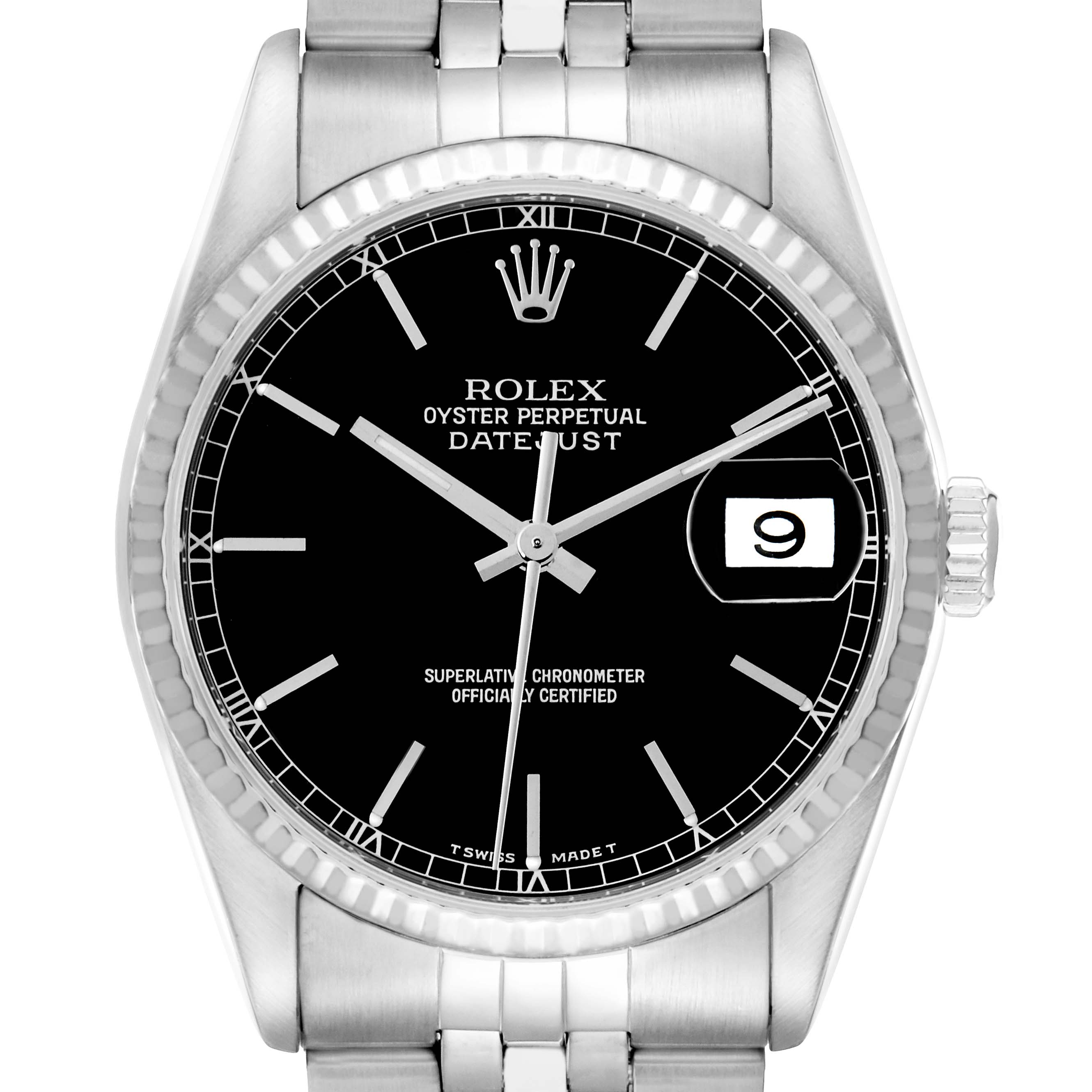 The Rolex Datejust 16234 Men
s Stainless Steel Black Dial watch is shown from a front angle, highlighting the dial, hands, date window, and part of the bracelet.
