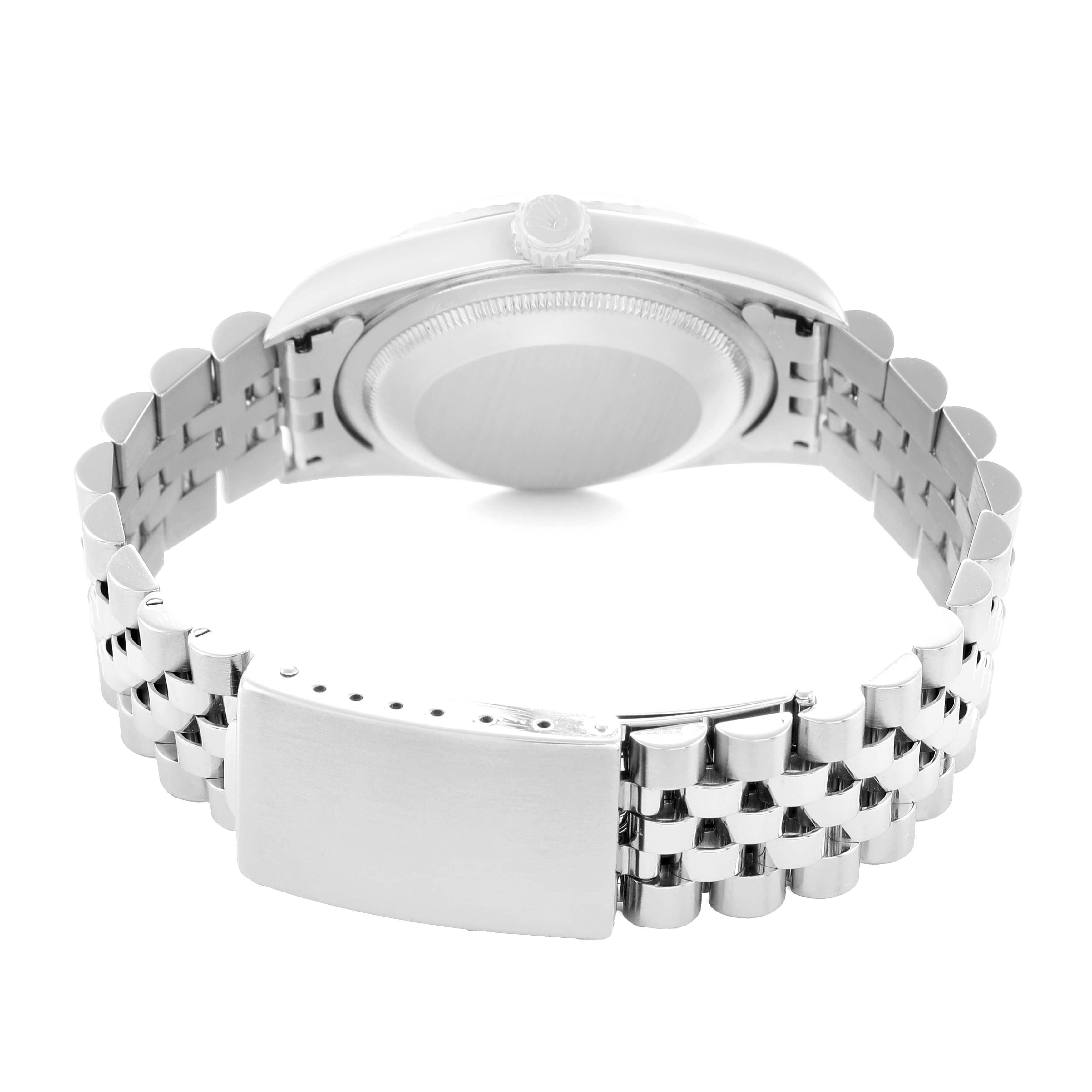 The image shows the back and bracelet of a Rolex Datejust 16234 Men
s Stainless Steel Black Dial watch at a slight upward angle.