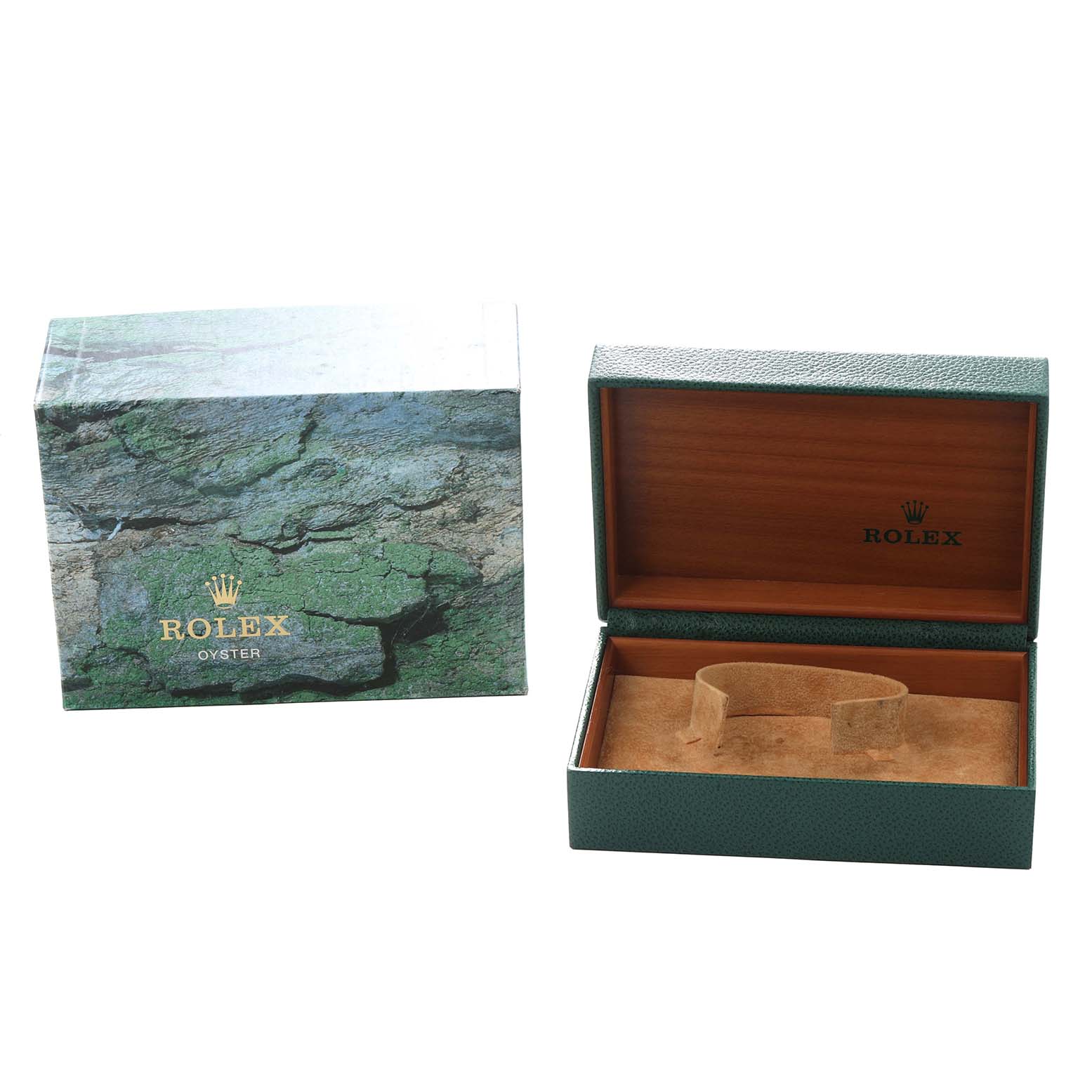 The image shows a Rolex Datejust 16234 Men
s Stainless Steel Black Dial box and its open case, displaying the interior without the watch.