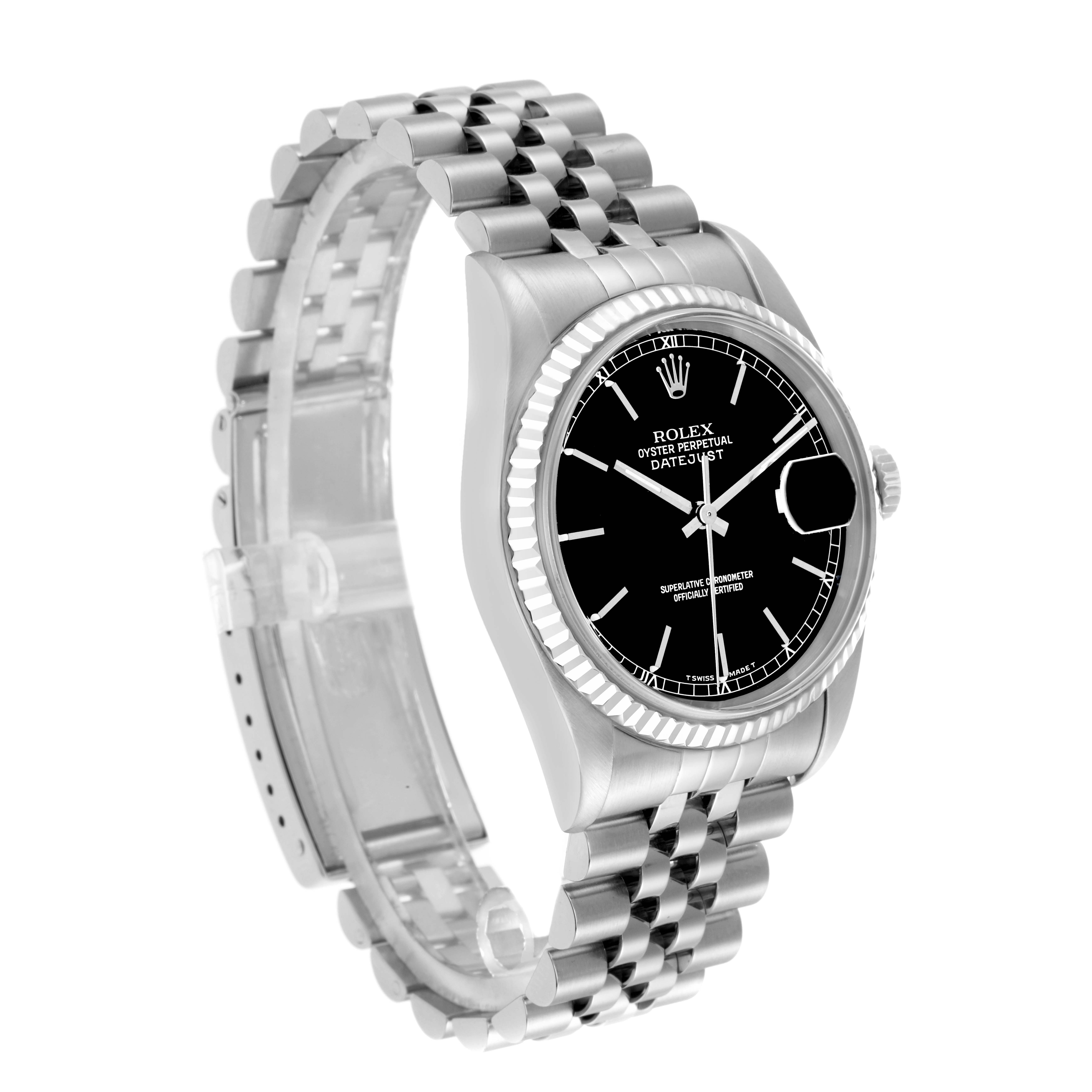 The Rolex Datejust 16234 Men
s Stainless Steel Black Dial watch is shown from an angled side view, displaying the face, bezel, and bracelet.