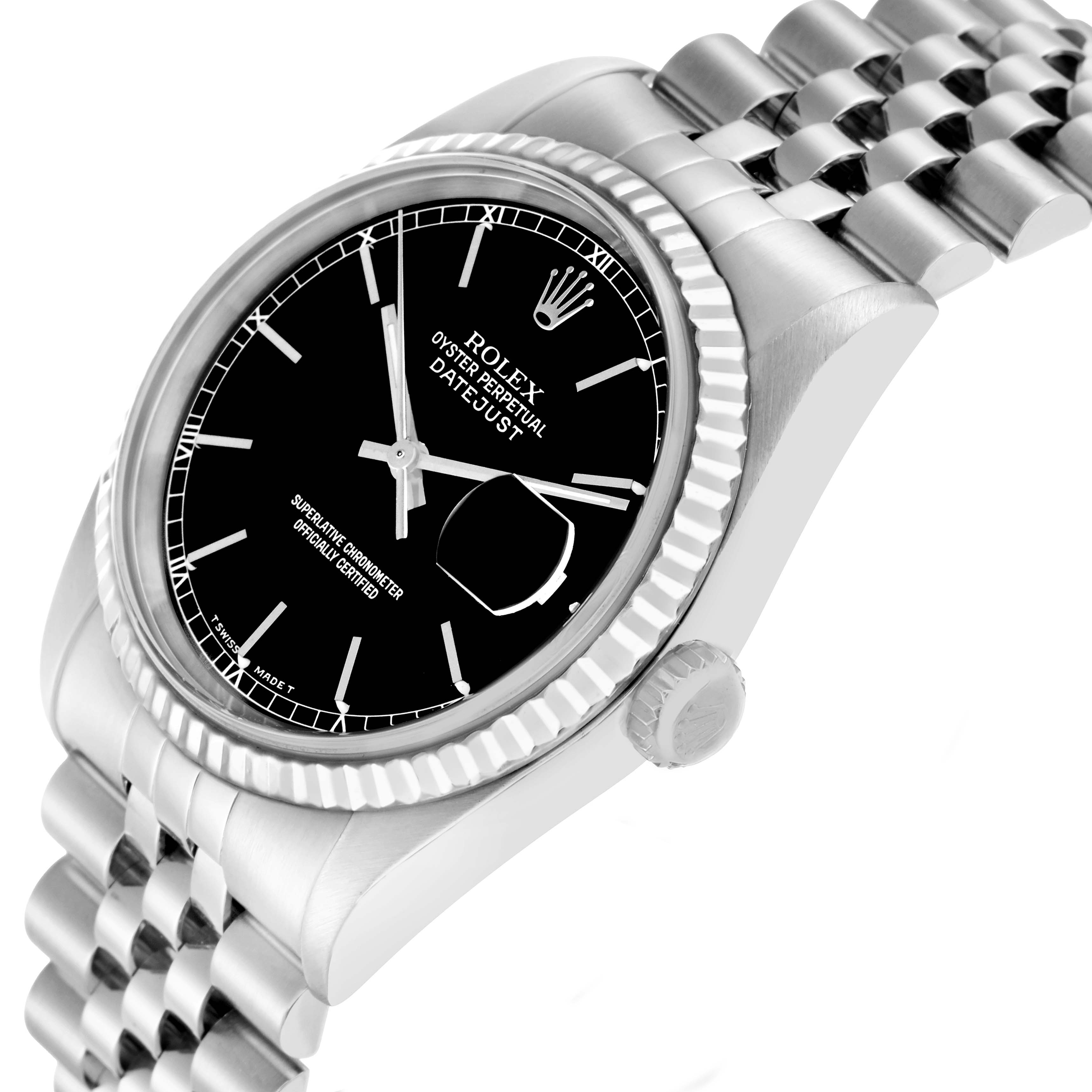 The image shows the Rolex Datejust 16234 Men
s Stainless Steel Black Dial watch angled to display the face, bezel, crown, and part of the bracelet.