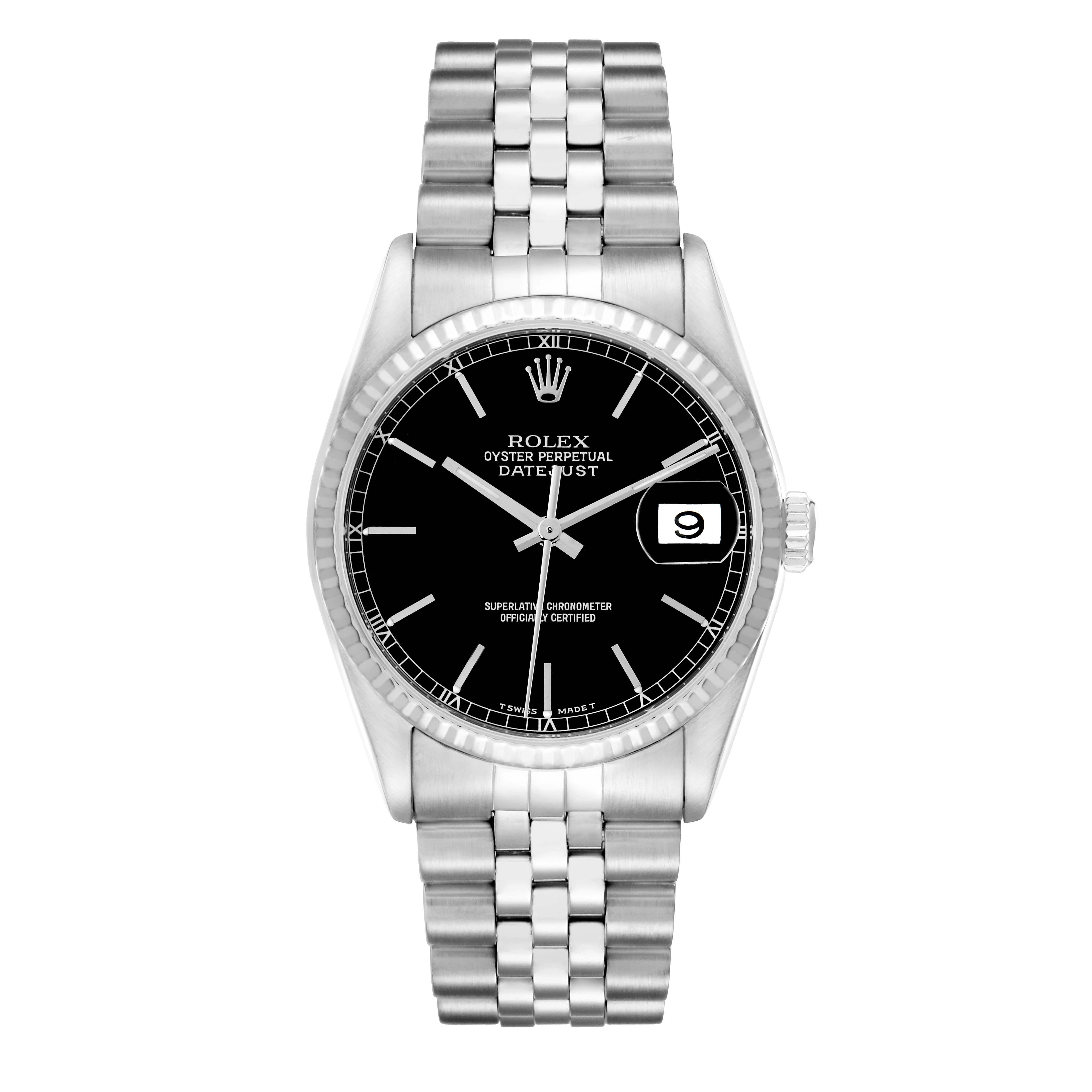 The Rolex Datejust 16234 Men
s Stainless Steel Black Dial watch is shown from a front view, displaying the face, bezel, crown, and bracelet clearly.