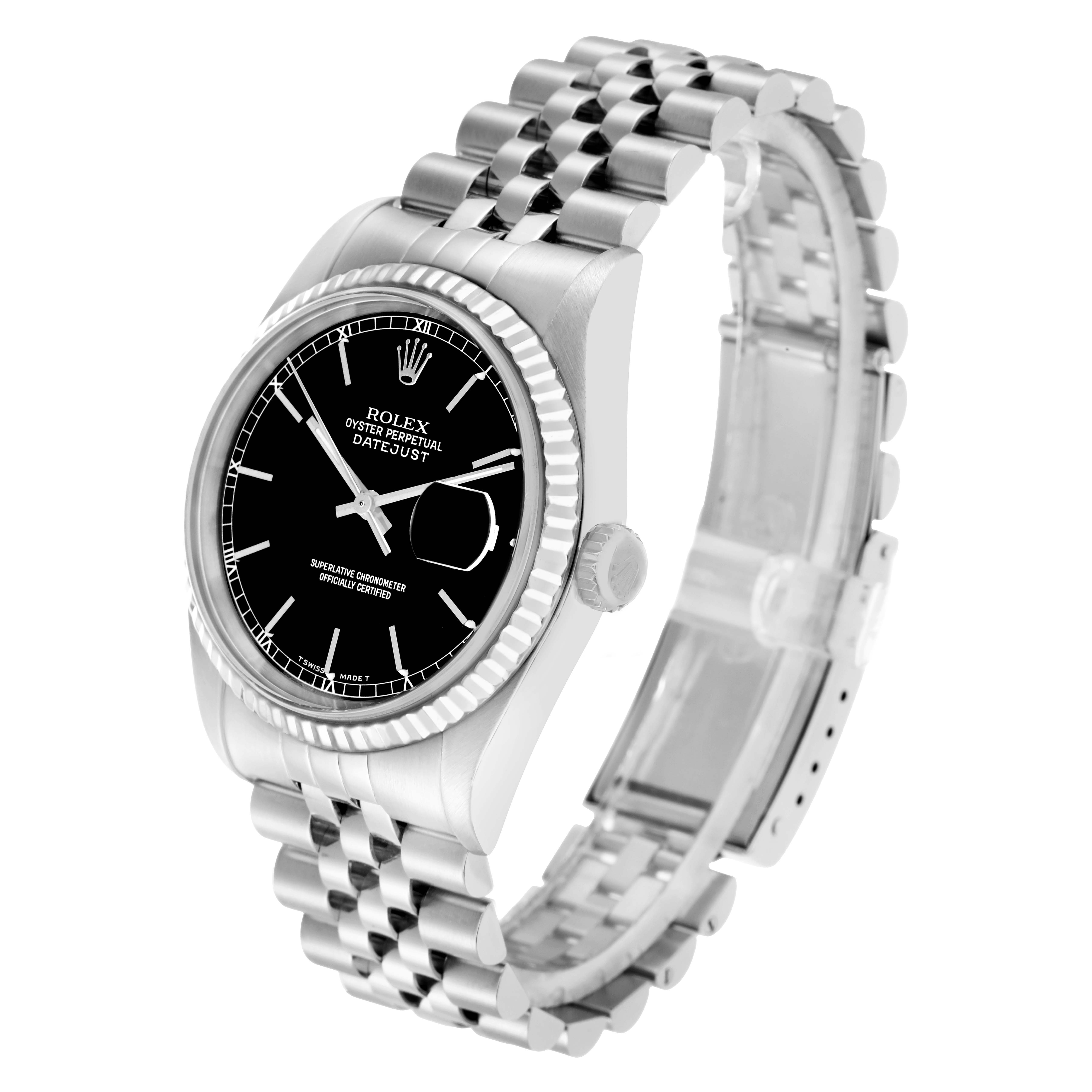 The Rolex Datejust 16234 Men
s Stainless Steel Black Dial watch is shown at a three-quarter angle, displaying the dial, bezel, crown, and Jubilee bracelet.
