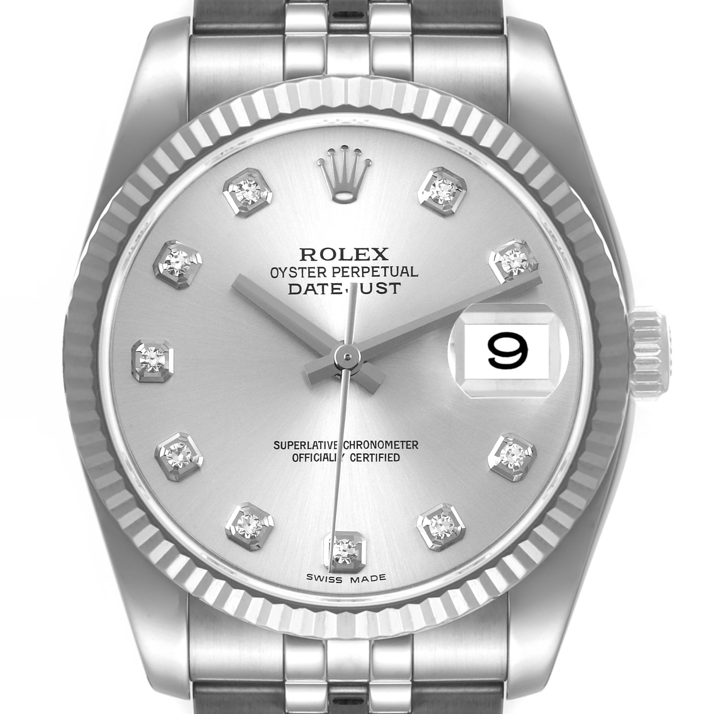 This image shows a front view of a Rolex Datejust 116234 Men's Stainless Steel Silver Dial 116234 Men's Stainless Steel Silver Dial watch, displaying the dial, date window, and part of the bracelet.