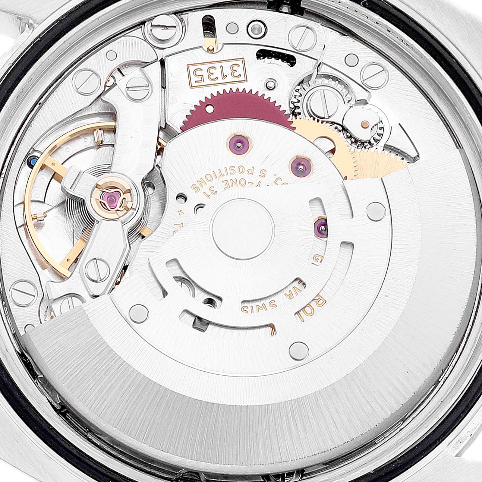 The image shows a close-up of the movement mechanism of a Rolex Datejust 116234 Men's Stainless Steel Silver Dial 116234 Men's Stainless Steel Silver Dial watch.