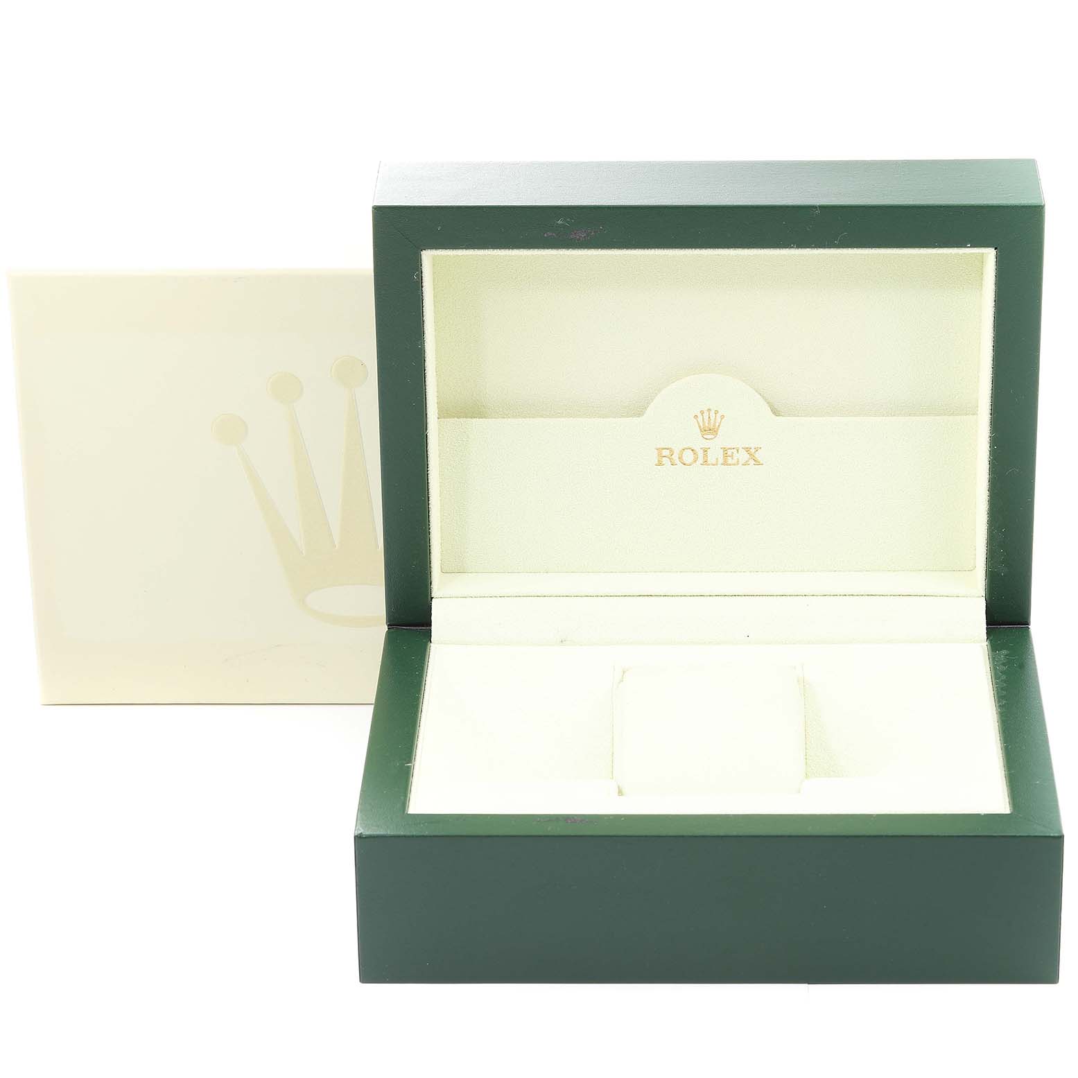 The image shows an open green Rolex Datejust 116234 Men's Stainless Steel Silver Dial 116234 Men's Stainless Steel Silver Dial watch box with a cream interior and a crown logo on the outer sleeve.