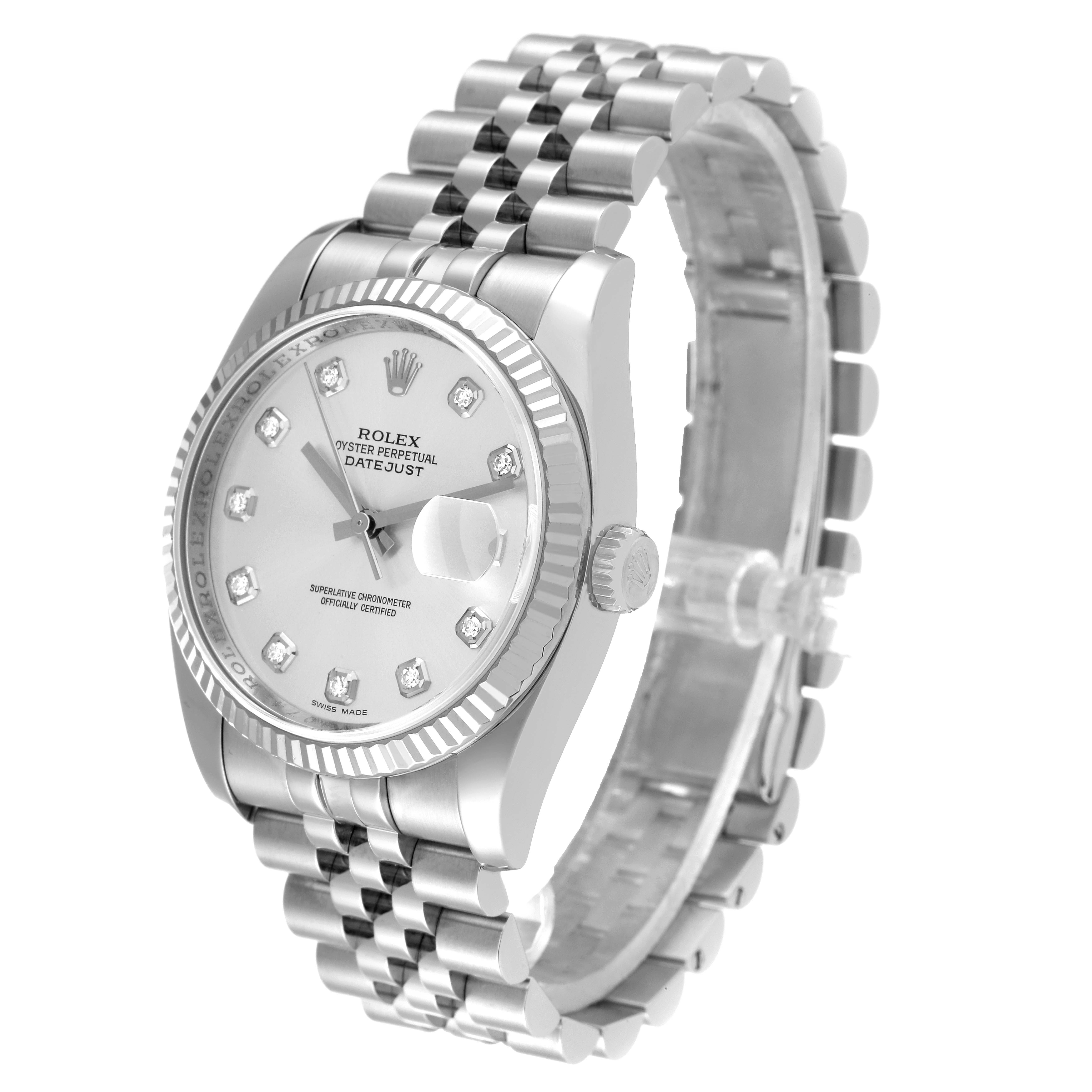 This image shows a Rolex Datejust 116234 Men's Stainless Steel Silver Dial 116234 Men's Stainless Steel Silver Dial watch at a three-quarter angle, highlighting the bezel, dial, bracelet, and crown.
