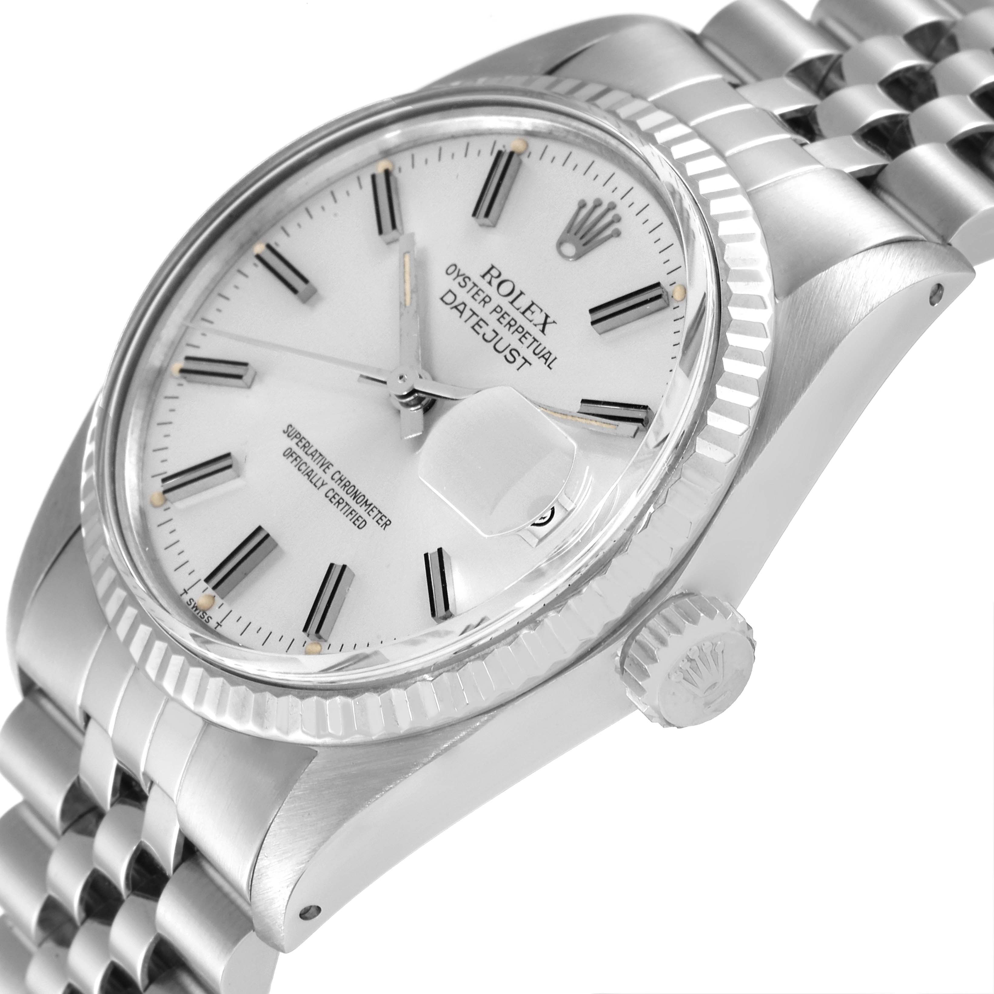 The image shows a close-up, angled view of the dial, case, bezel, crown, and bracelet of a Rolex Datejust 16014 Men
s Stainless Steel Silver Dial 16014 Men
s Stainless Steel Silver Dial watch.