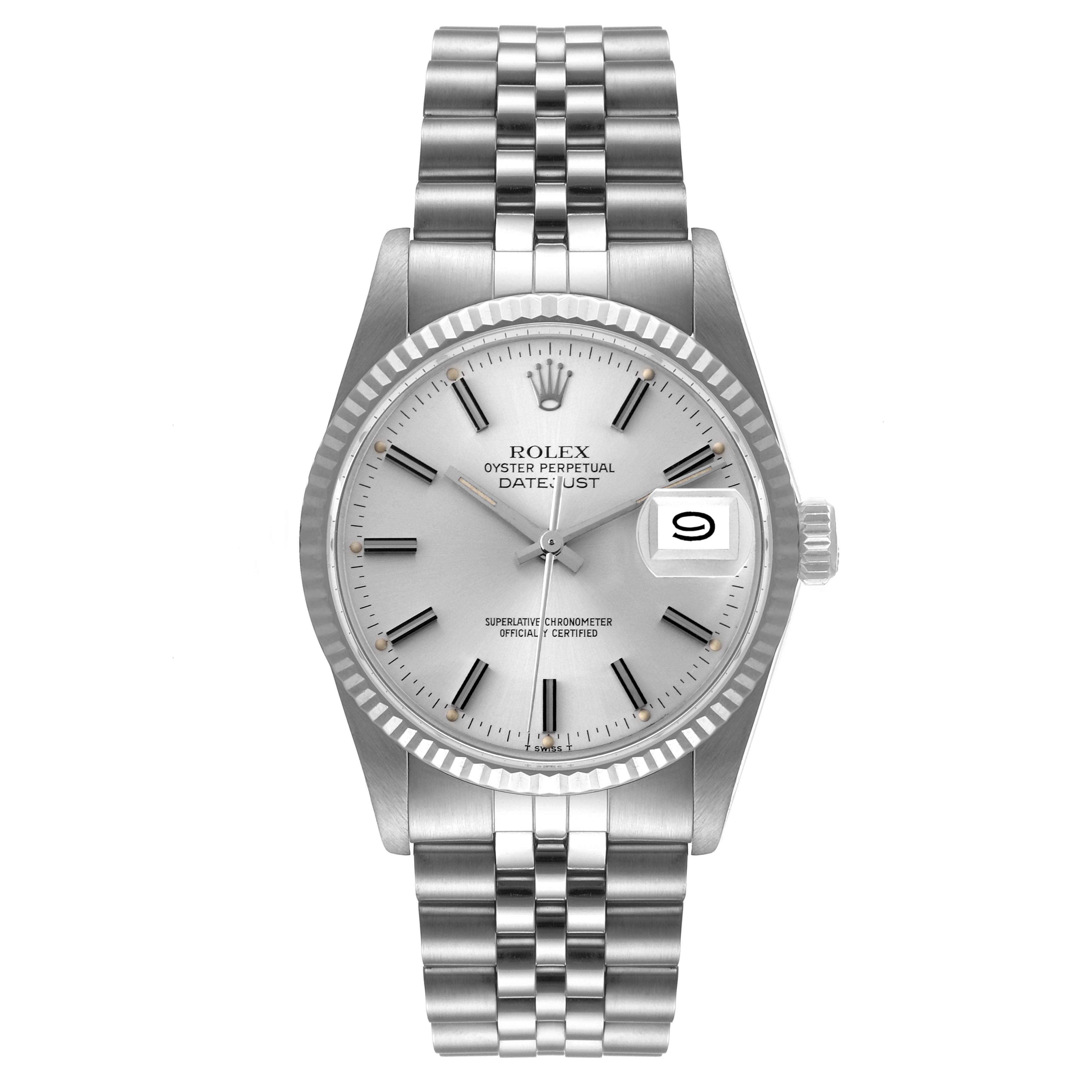 The image shows a Rolex Datejust 16014 Men
s Stainless Steel Silver Dial 16014 Men
s Stainless Steel Silver Dial watch from a front angle, displaying the dial, hands, bracelet, and date window.