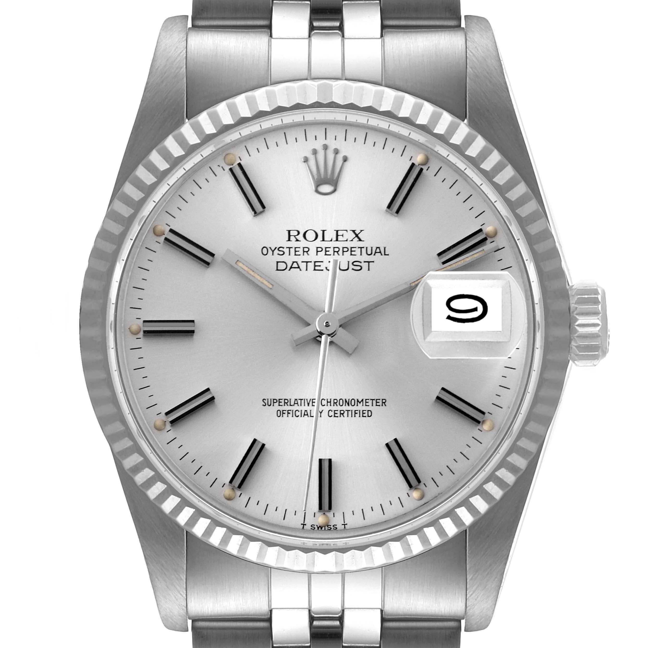 This Rolex Datejust 16014 Men
s Stainless Steel Silver Dial 16014 Men
s Stainless Steel Silver Dial watch is shown from a top-down angle, featuring the face, bezel, crown, and part of the bracelet.